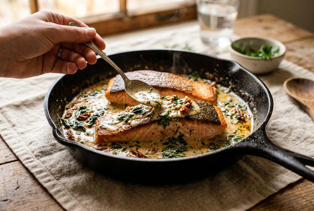 Seared salmon fillets returned to a skillet of creamy spinach sun-dried tomato sauce and basted with a spoon