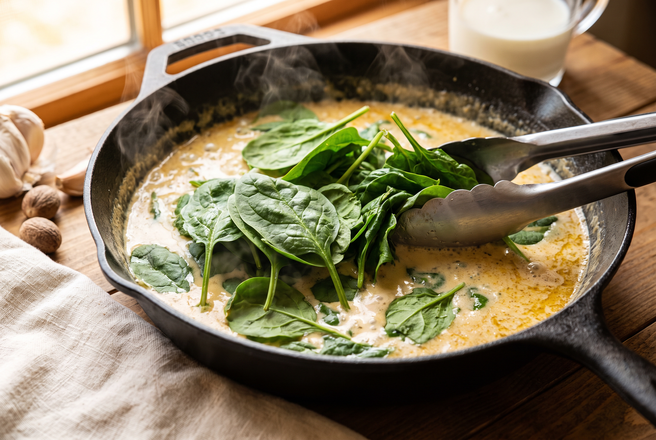 Fresh baby spinach wilting into a creamy sun-dried tomato skillet sauce