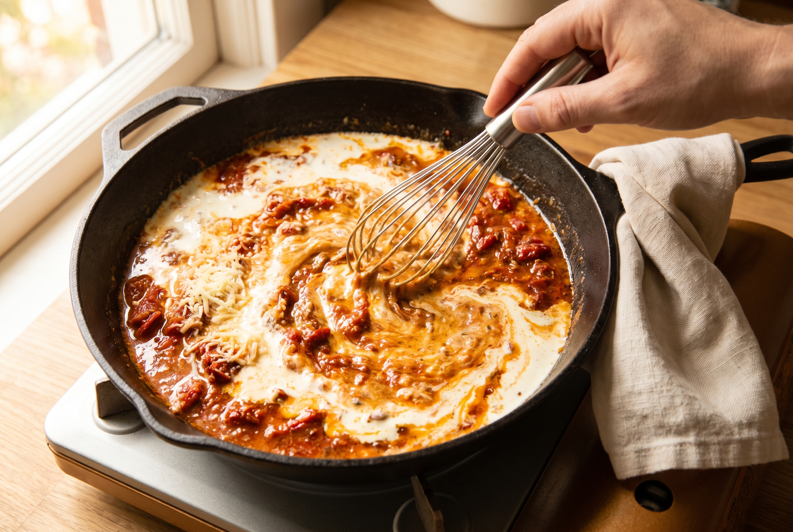 Heavy cream and grated parmesan being whisked into a sun-dried tomato pan sauce