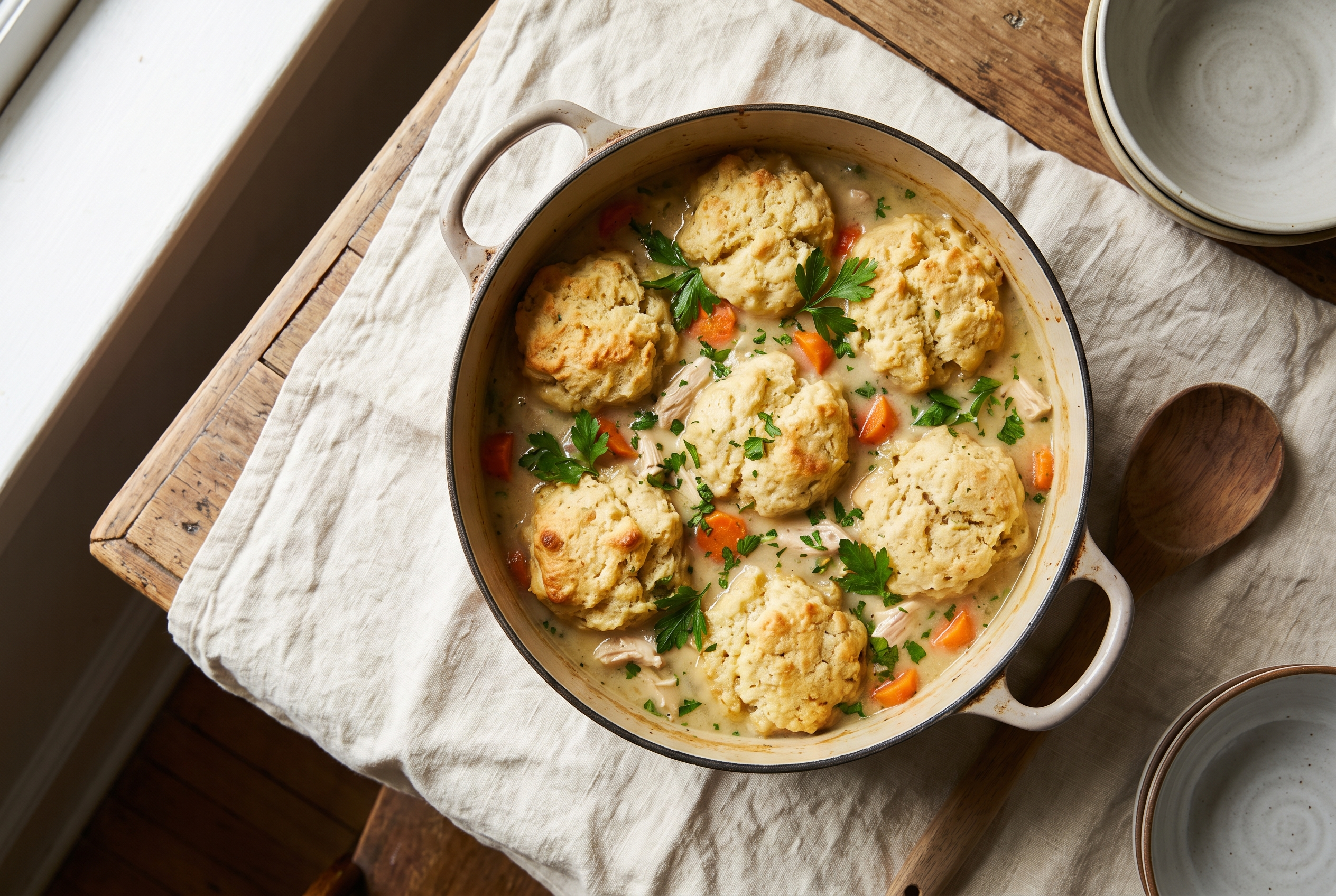 Homemade chicken and dumplings — a dutch oven of creamy chicken stew topped with fluffy golden drop biscuit dumplings and parsley, an easy one-pot comfort food recipe