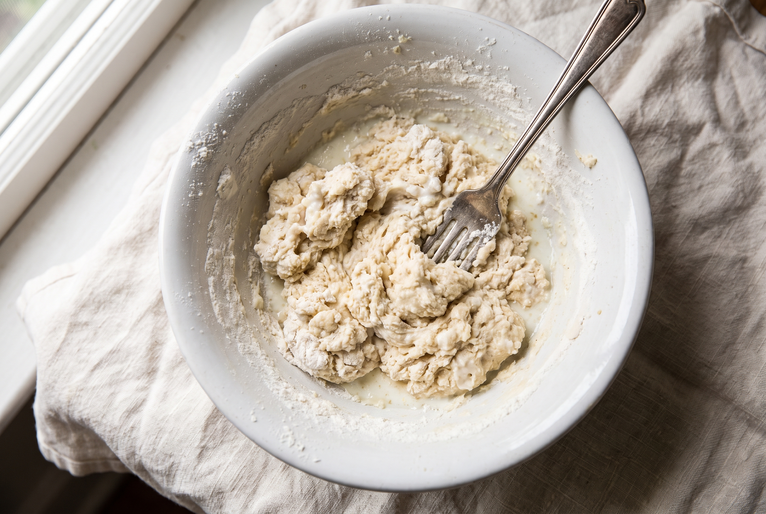 Shaggy drop biscuit dumpling dough being mixed in a white bowl with a fork