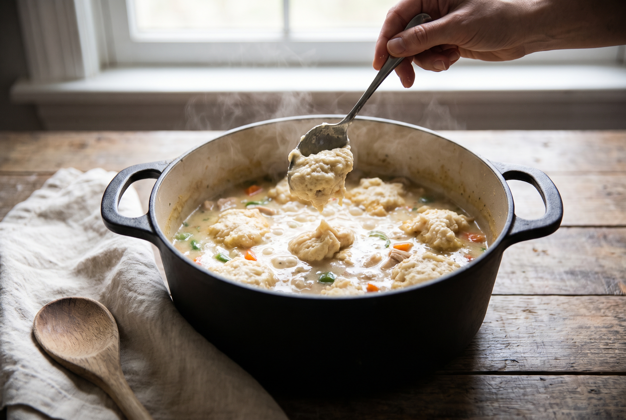 Spoonfuls of biscuit dumpling dough being dropped onto simmering creamy chicken stew in a dutch oven
