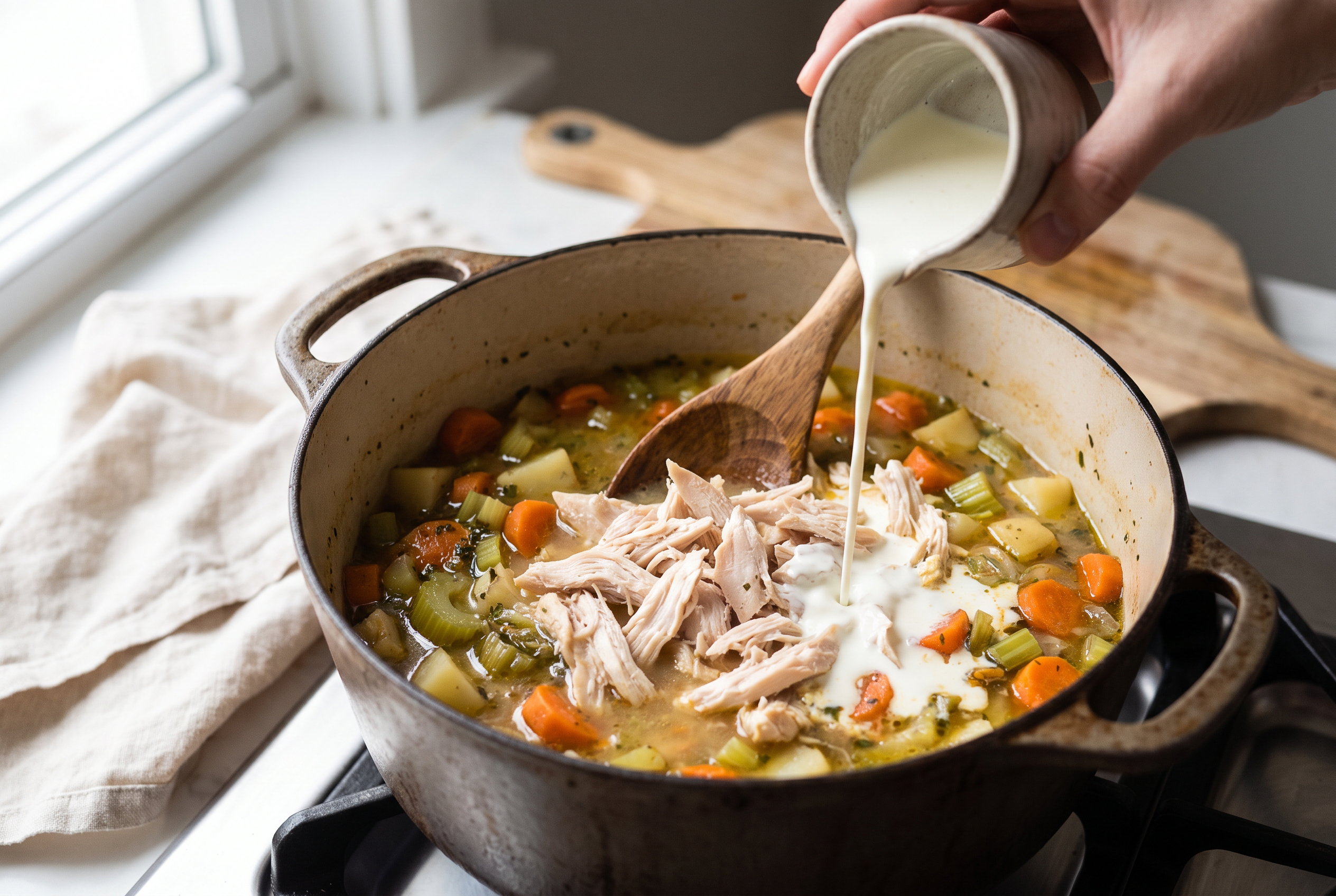 Shredded chicken and cream being stirred into a simmering vegetable stew in a dutch oven