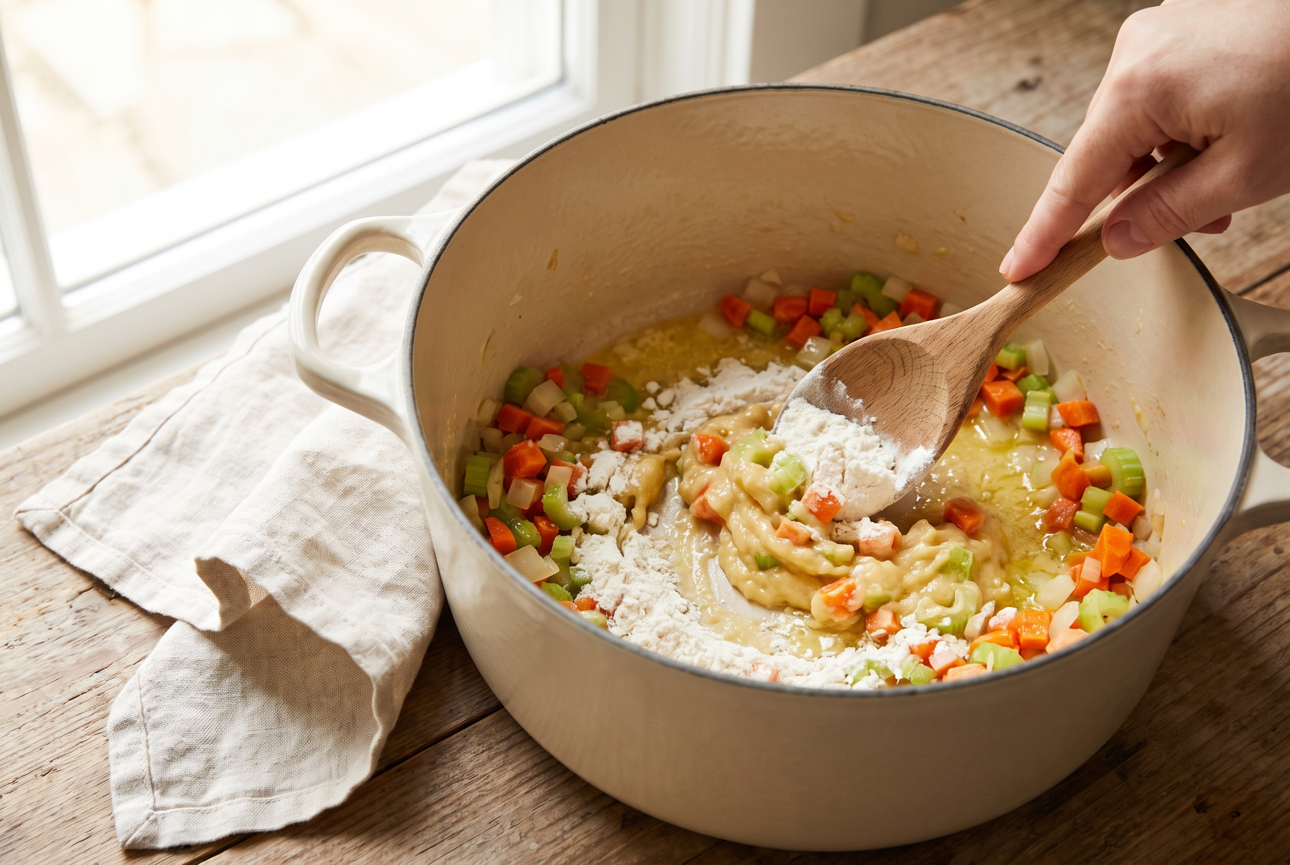 Flour being stirred into buttery vegetables to form a roux in a dutch oven