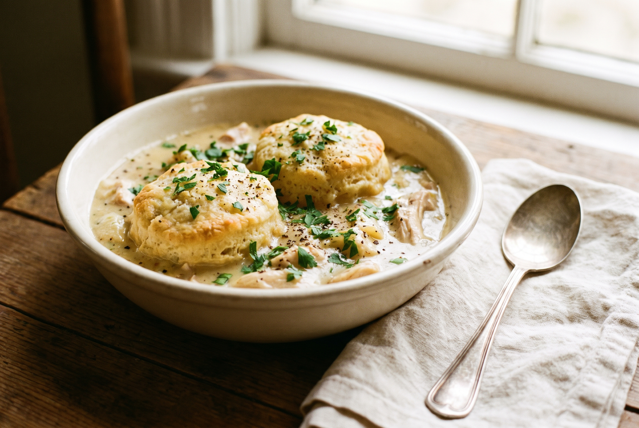 A bowl of chicken and dumplings — creamy chicken stew with fluffy biscuit dumplings, parsley and cracked black pepper