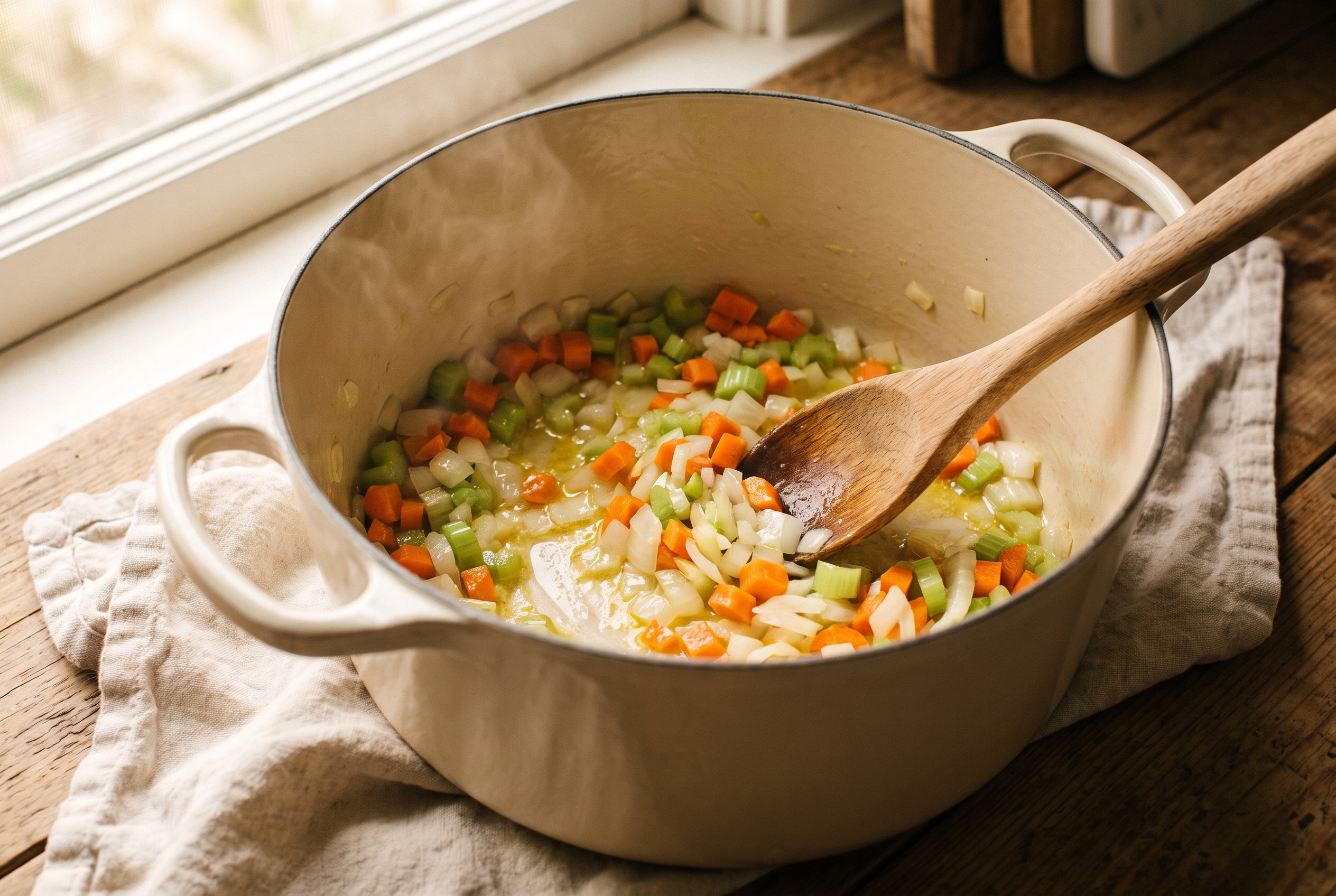 Diced onion, carrot and celery softening in melted butter in a dutch oven for chicken and dumplings