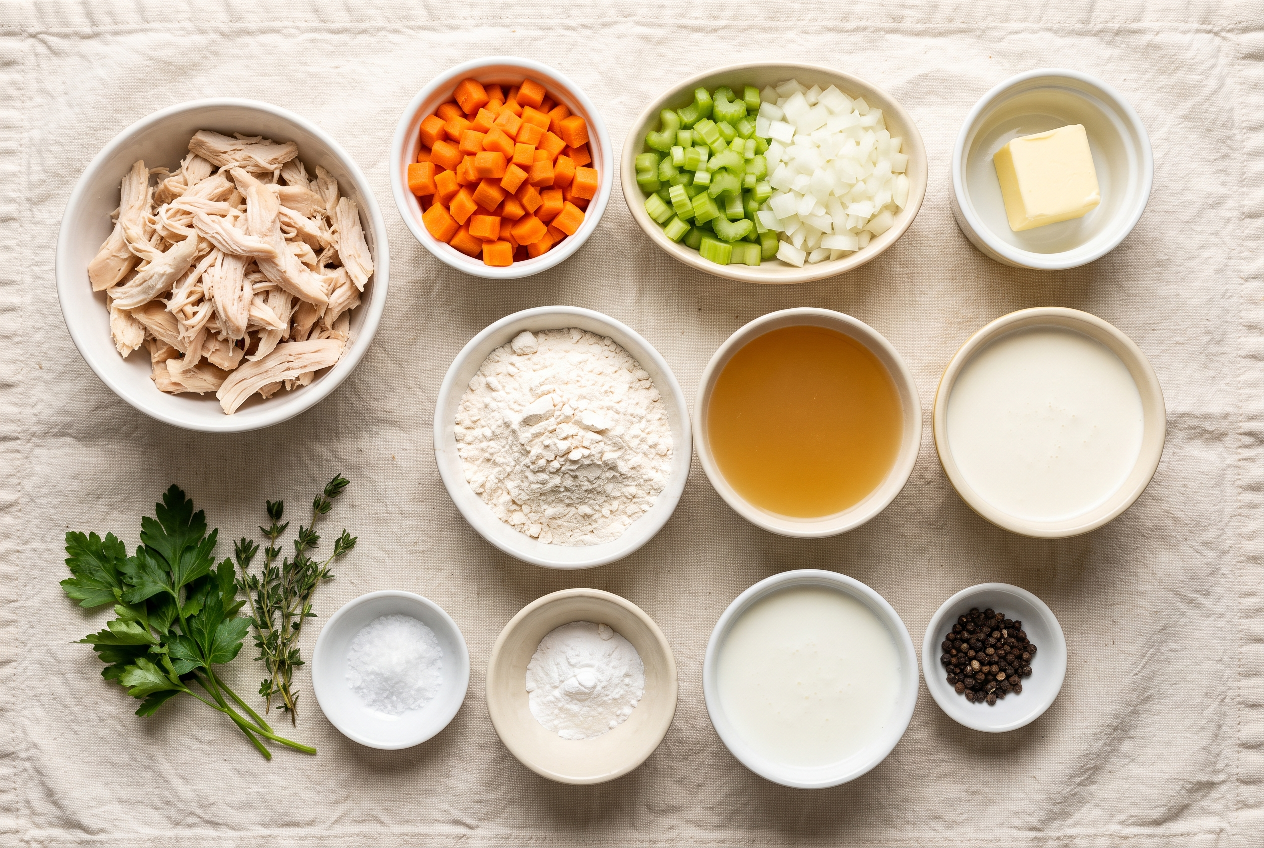 Ingredients for chicken and dumplings in small bowls — shredded chicken, carrots, celery, onion, butter, flour, chicken broth, heavy cream, buttermilk, baking powder, parsley and thyme
