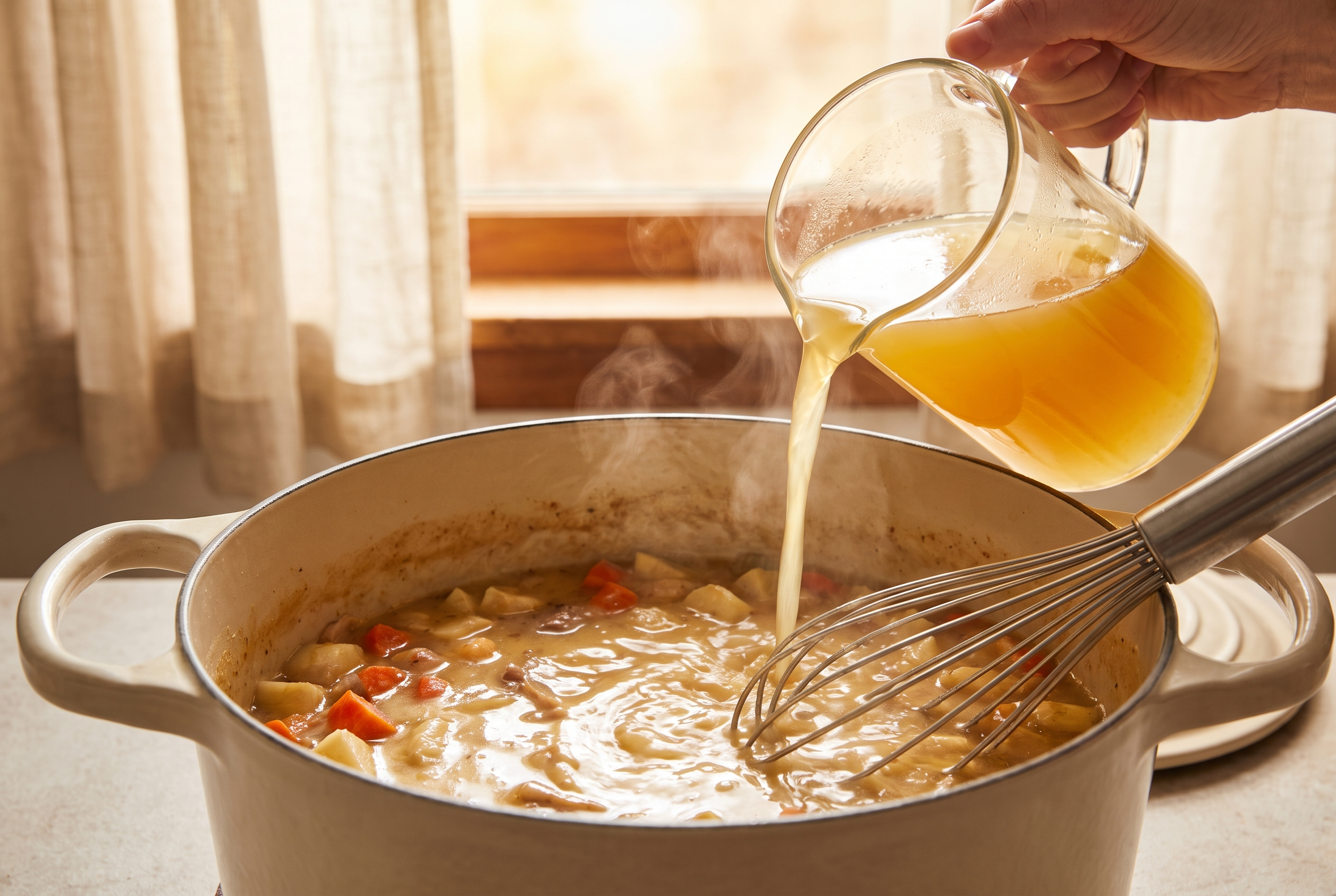 Chicken broth being poured into a dutch oven and whisked into a creamy stew base with vegetables