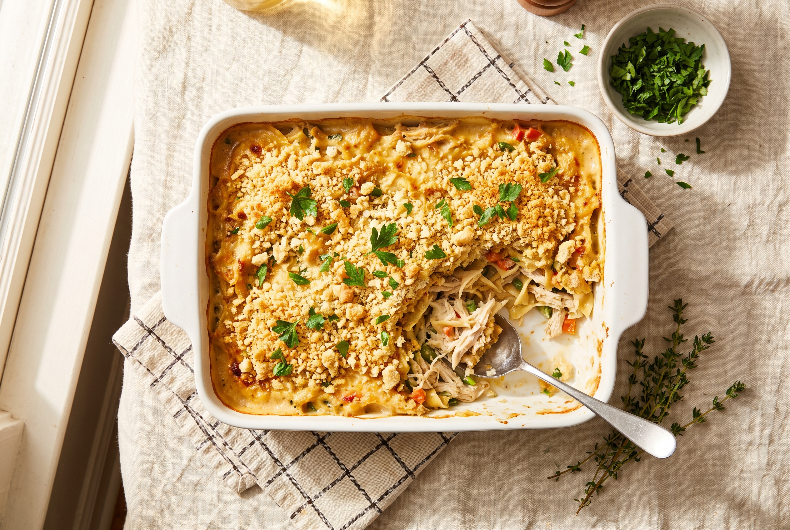 Million dollar chicken casserole in a white baking dish with a golden buttery cracker topping and a creamy shredded chicken and noodle filling, an easy comfort food dinner