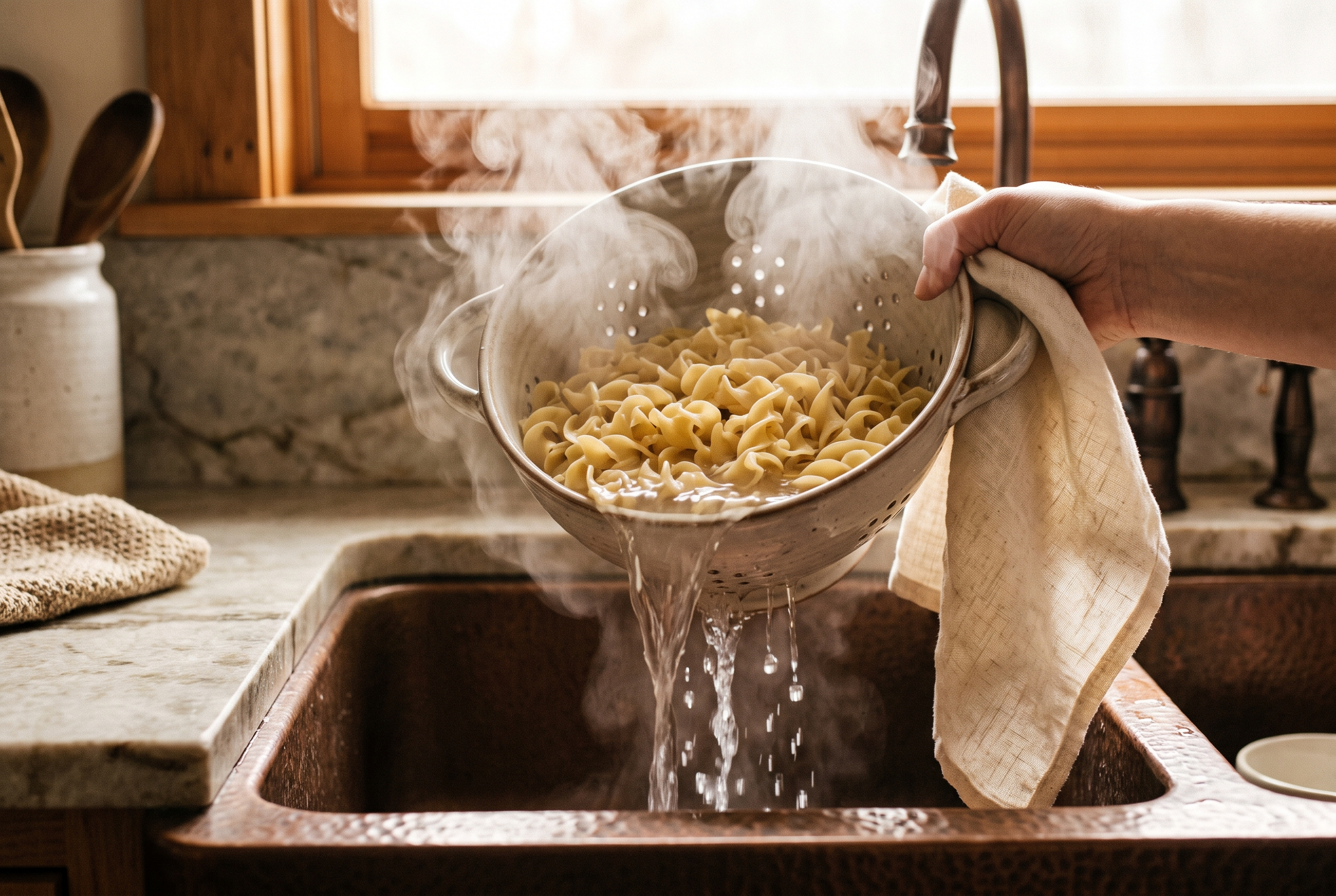 Cooked egg noodles being drained in a colander for a creamy chicken casserole