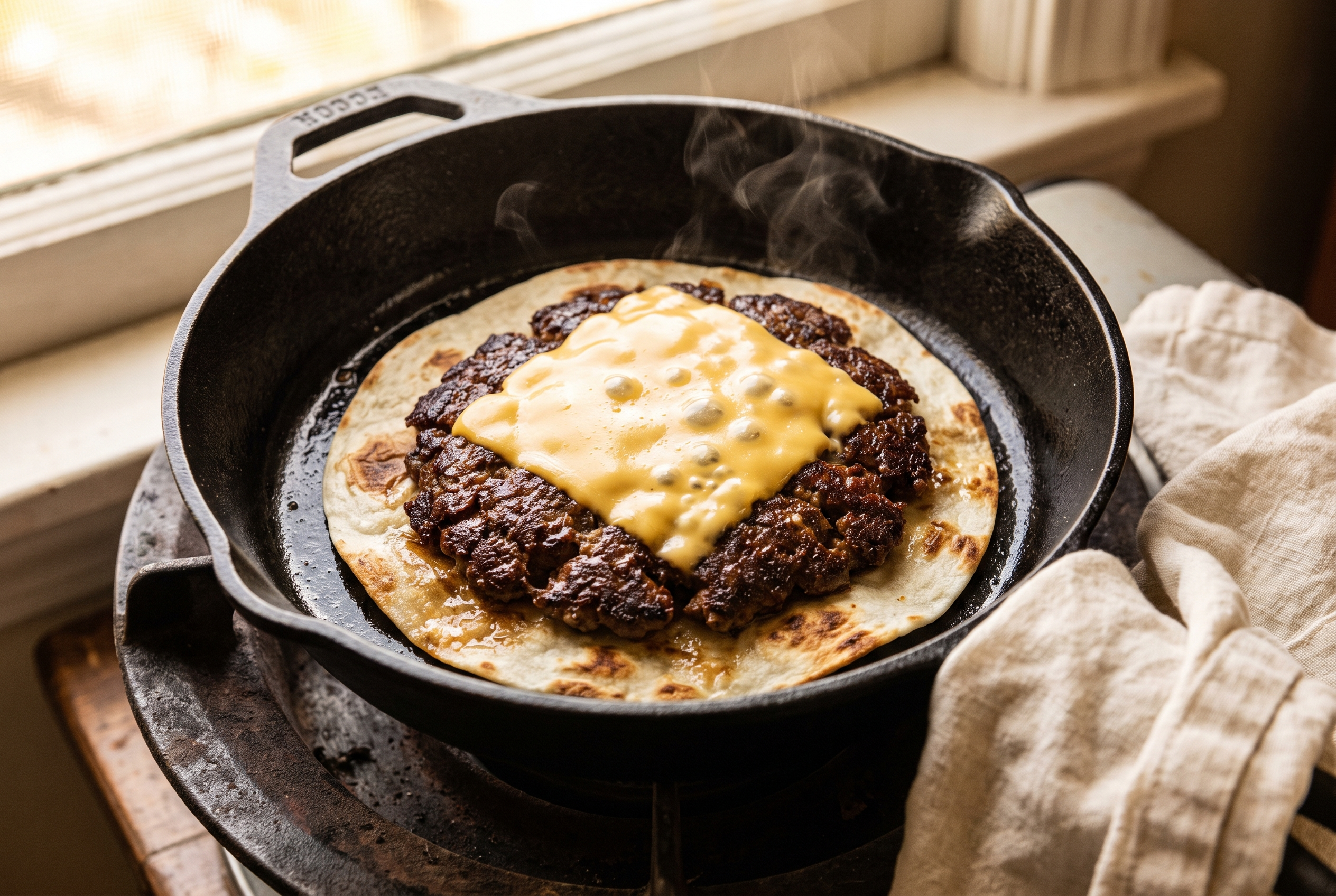 Smash burger taco flipped beef-side up in a cast iron skillet with a crispy brown crust and American cheese melting on top
