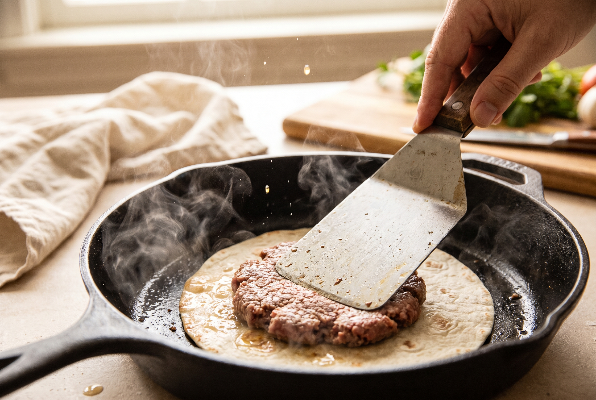 Ground beef being smashed flat onto a flour tortilla in a hot cast iron skillet with a metal spatula