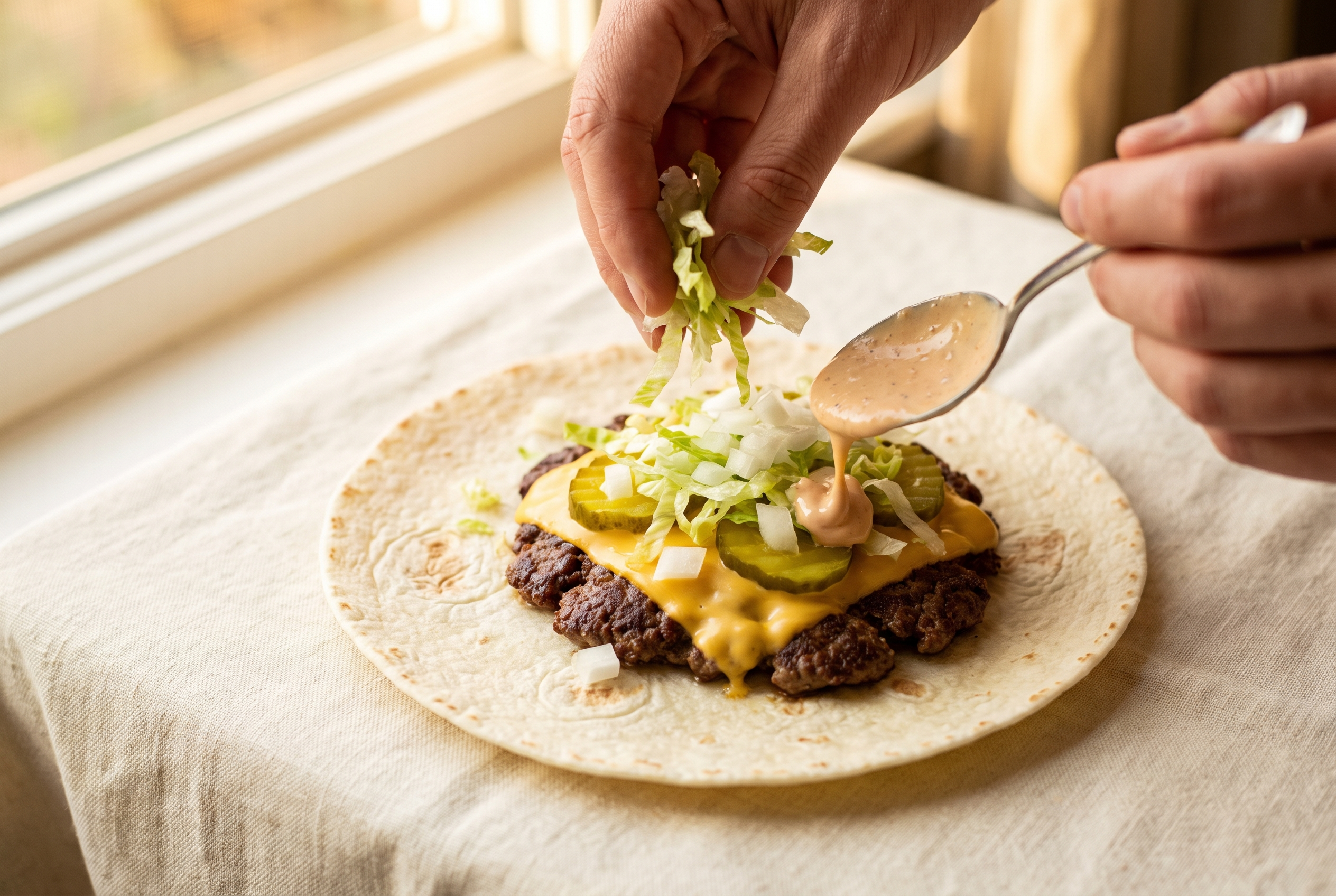 Open smash burger taco being topped with shredded lettuce, diced onion, pickles and burger sauce over melted cheese