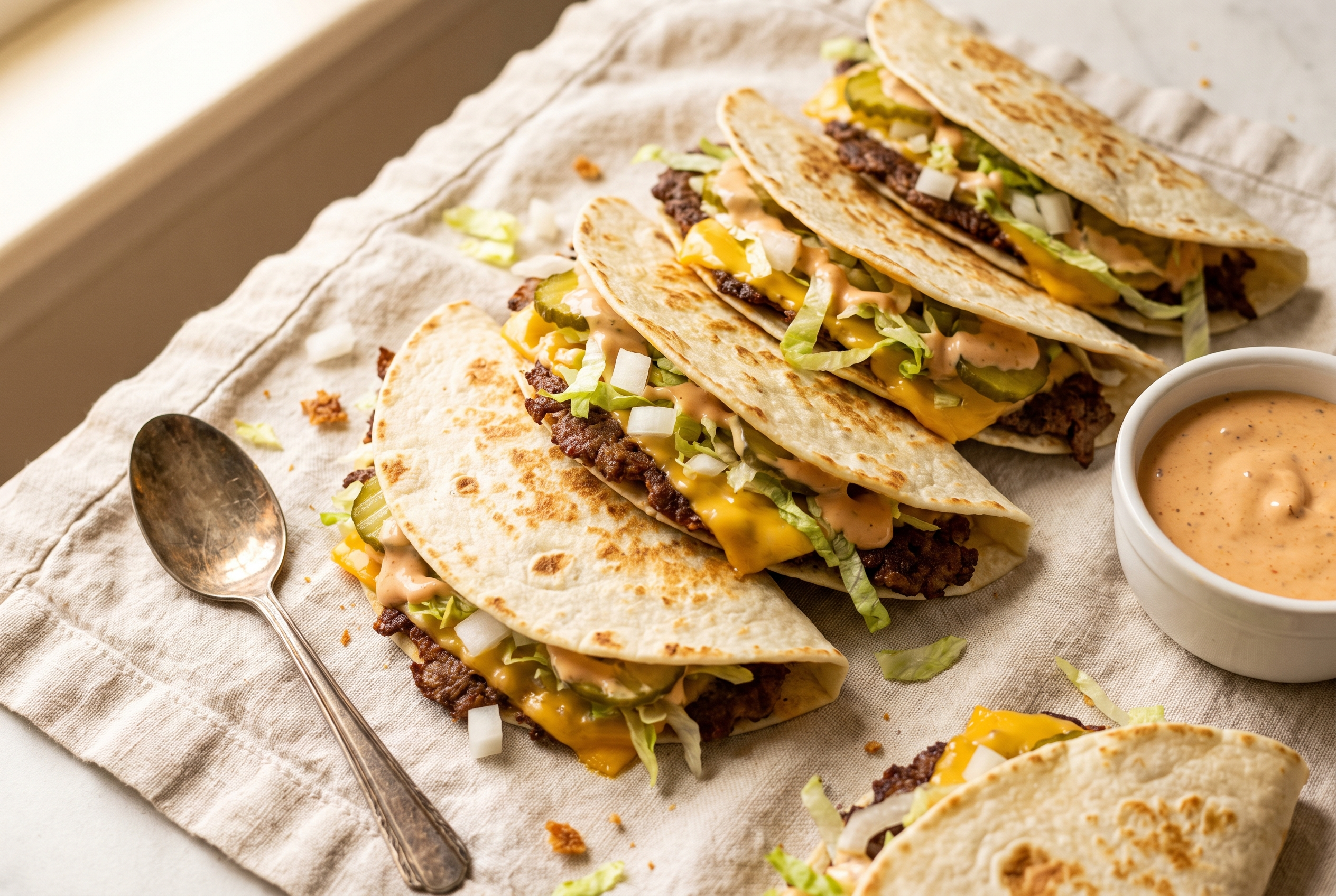 Smash burger tacos — crispy beef-smashed flour tortillas with melted American cheese, lettuce, onion, pickles and burger sauce, an easy 25-minute high protein dinner