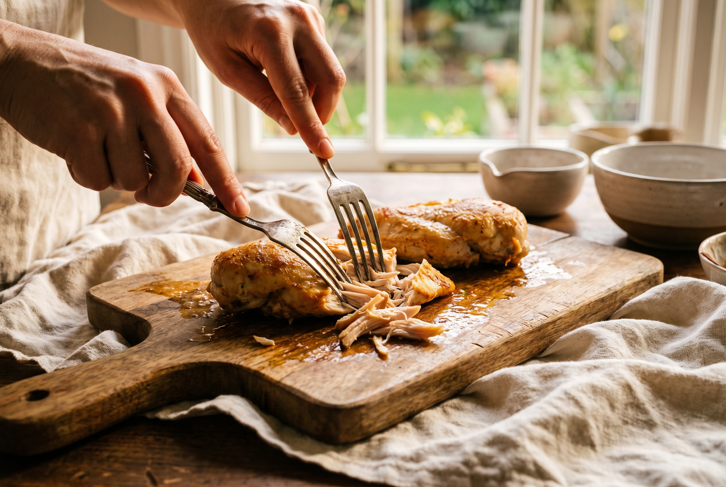 Cooked chicken being shredded with two forks on a wooden board for million dollar chicken casserole