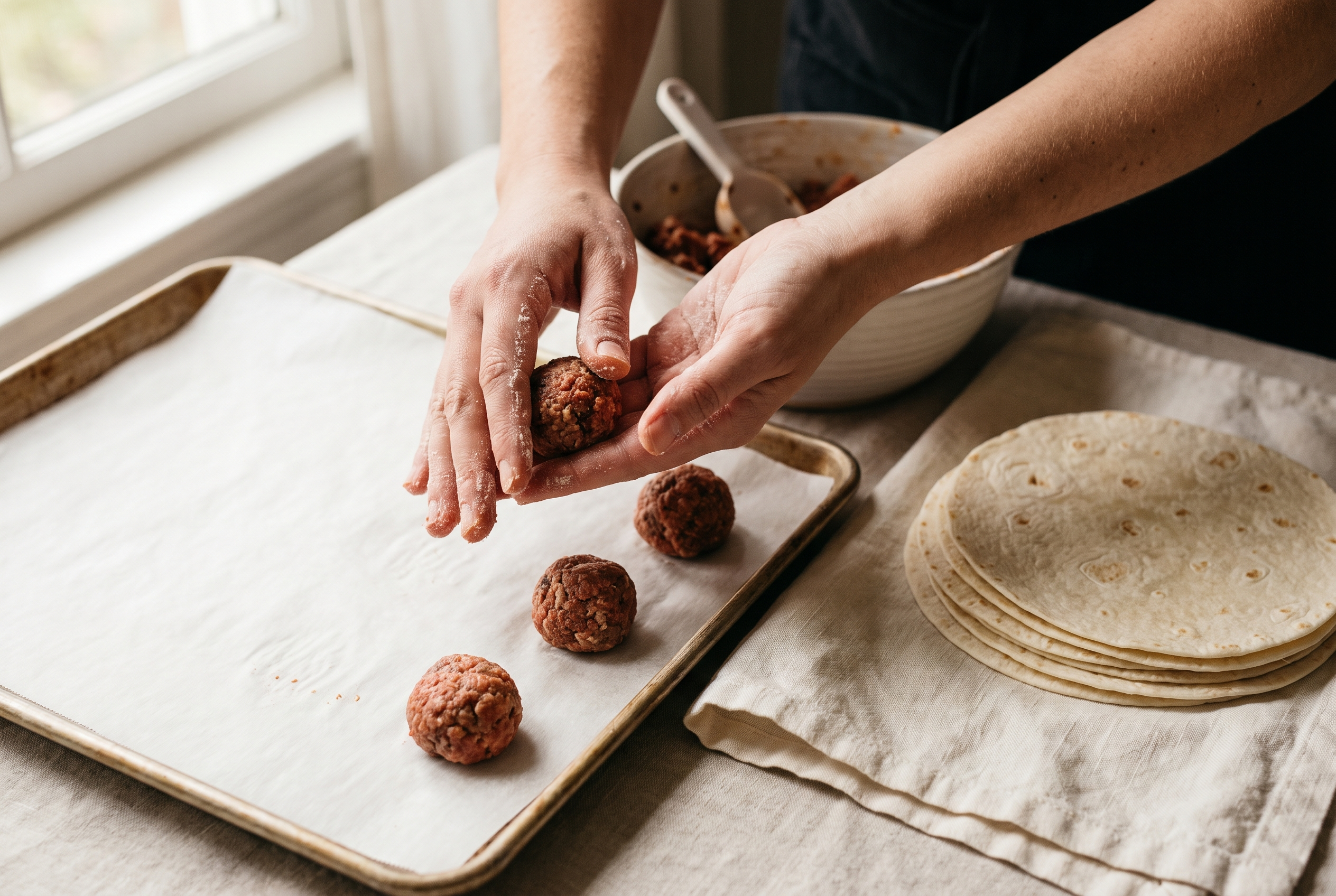 Seasoned ground beef portioned into loose balls on parchment next to a stack of flour tortillas for smash burger tacos