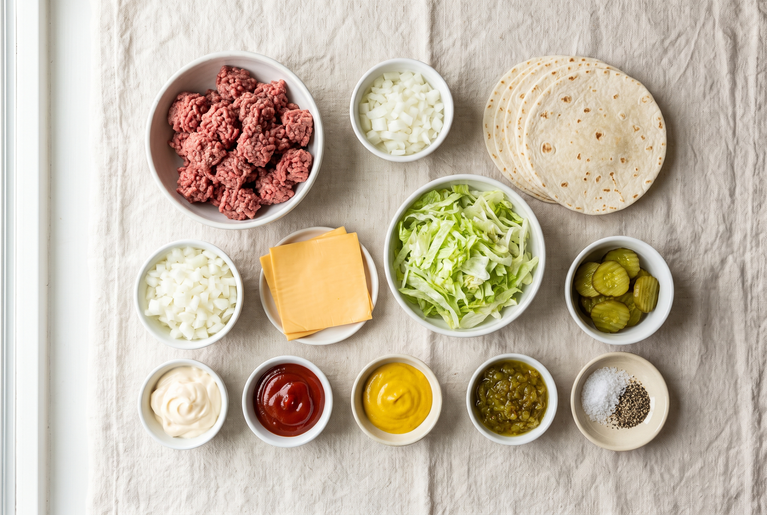 Ingredients for smash burger tacos in small bowls — ground beef, flour tortillas, American cheese, shredded lettuce, diced onion, pickles, mayo, ketchup, mustard and relish