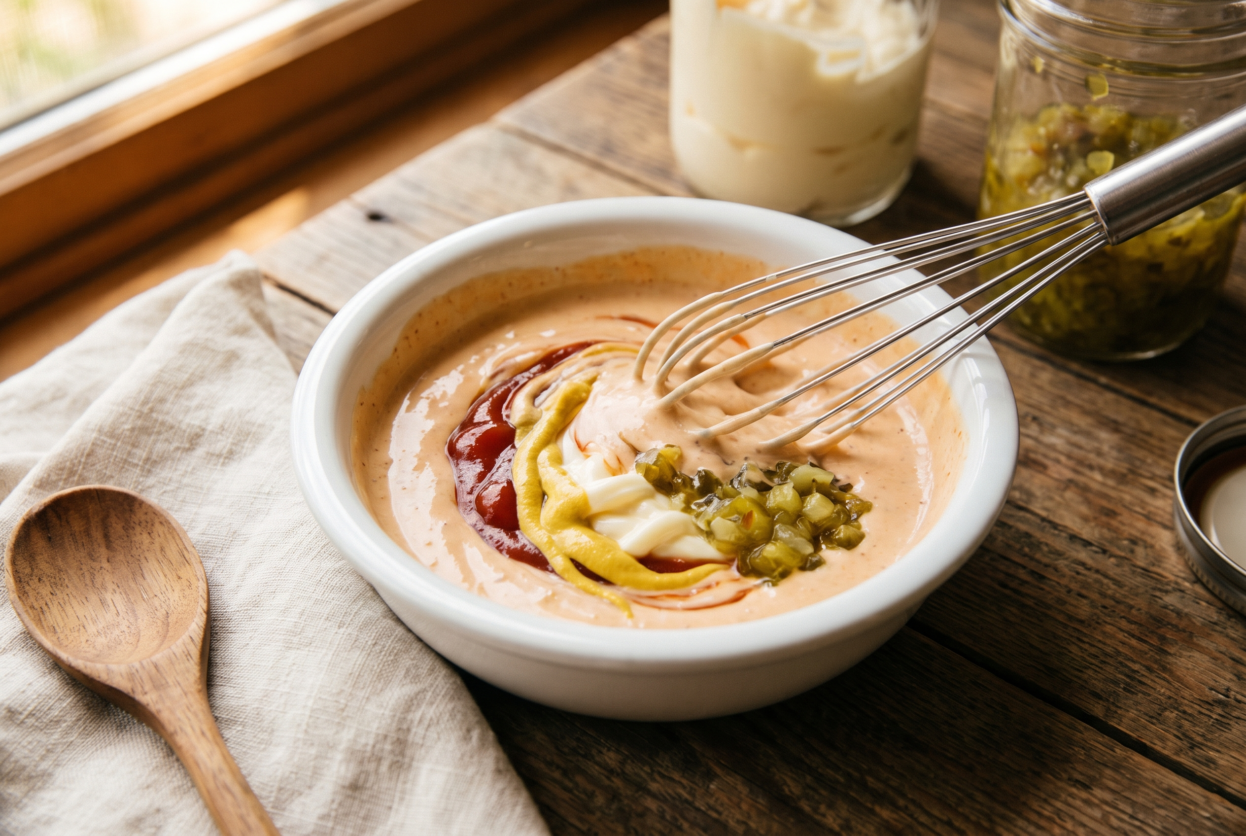 Creamy burger sauce being whisked in a small white bowl from mayo, ketchup, mustard and pickle relish