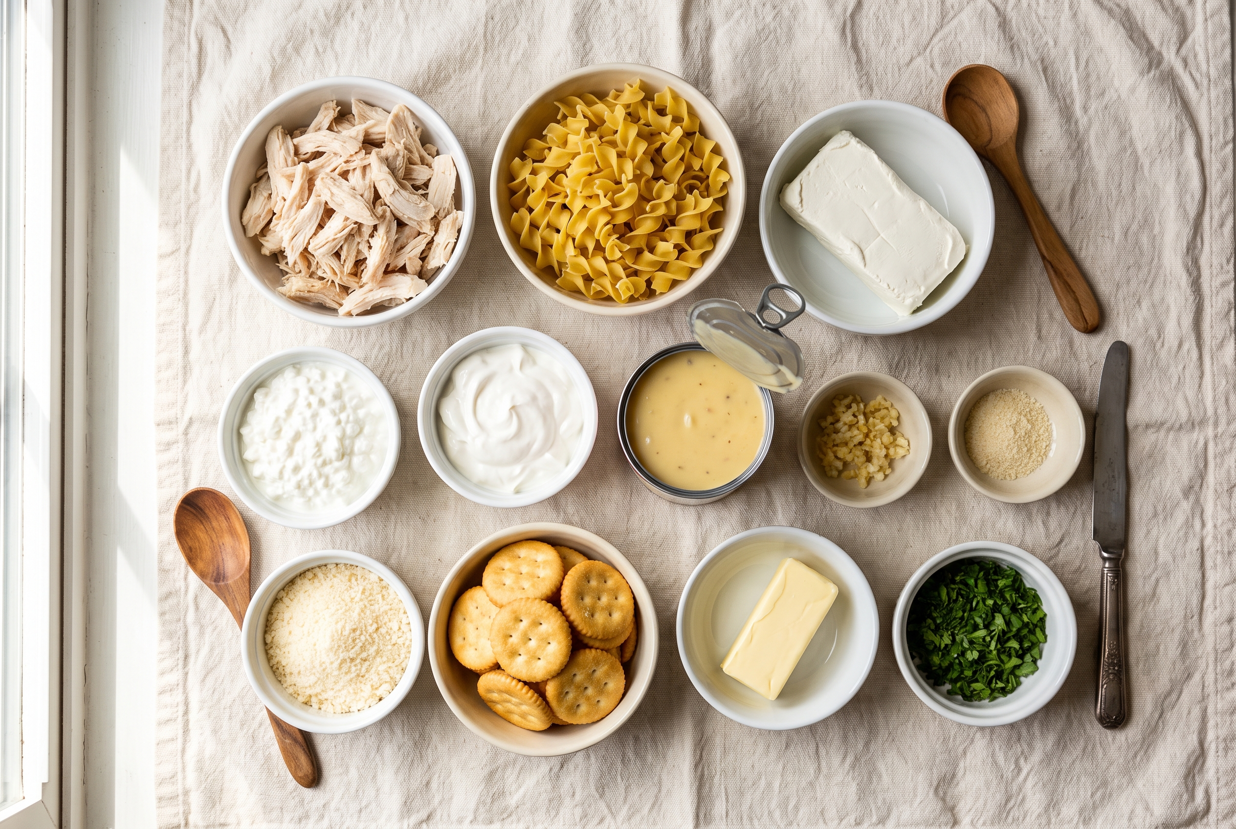 Ingredients for million dollar chicken casserole in small bowls — shredded chicken, egg noodles, cream cheese, cottage cheese, sour cream, cream of chicken soup, garlic, parmesan, buttery crackers and butter