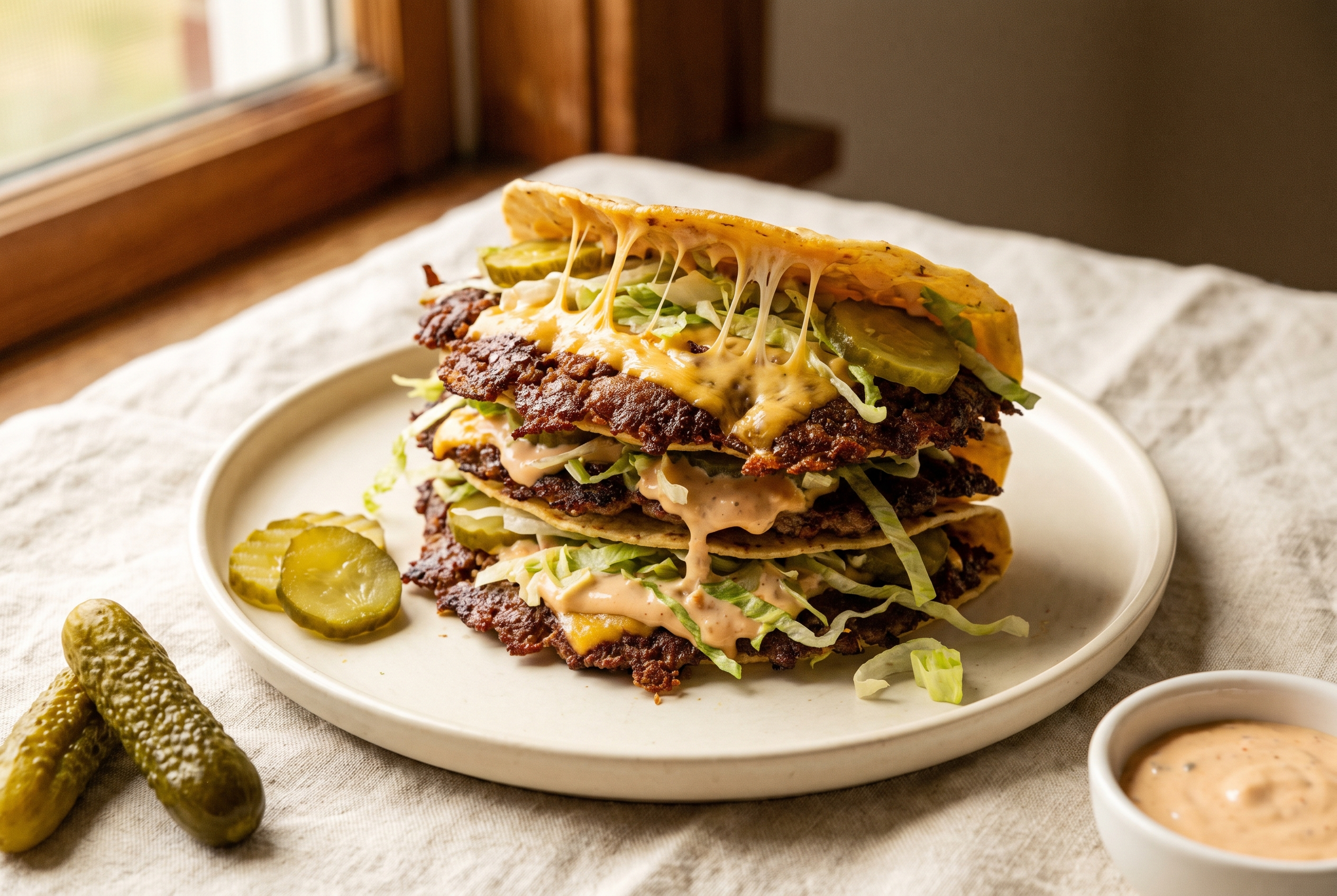 Finished smash burger tacos stacked on a cream plate with a crispy beef crust, cheese pull, lettuce, pickles and burger sauce drizzle