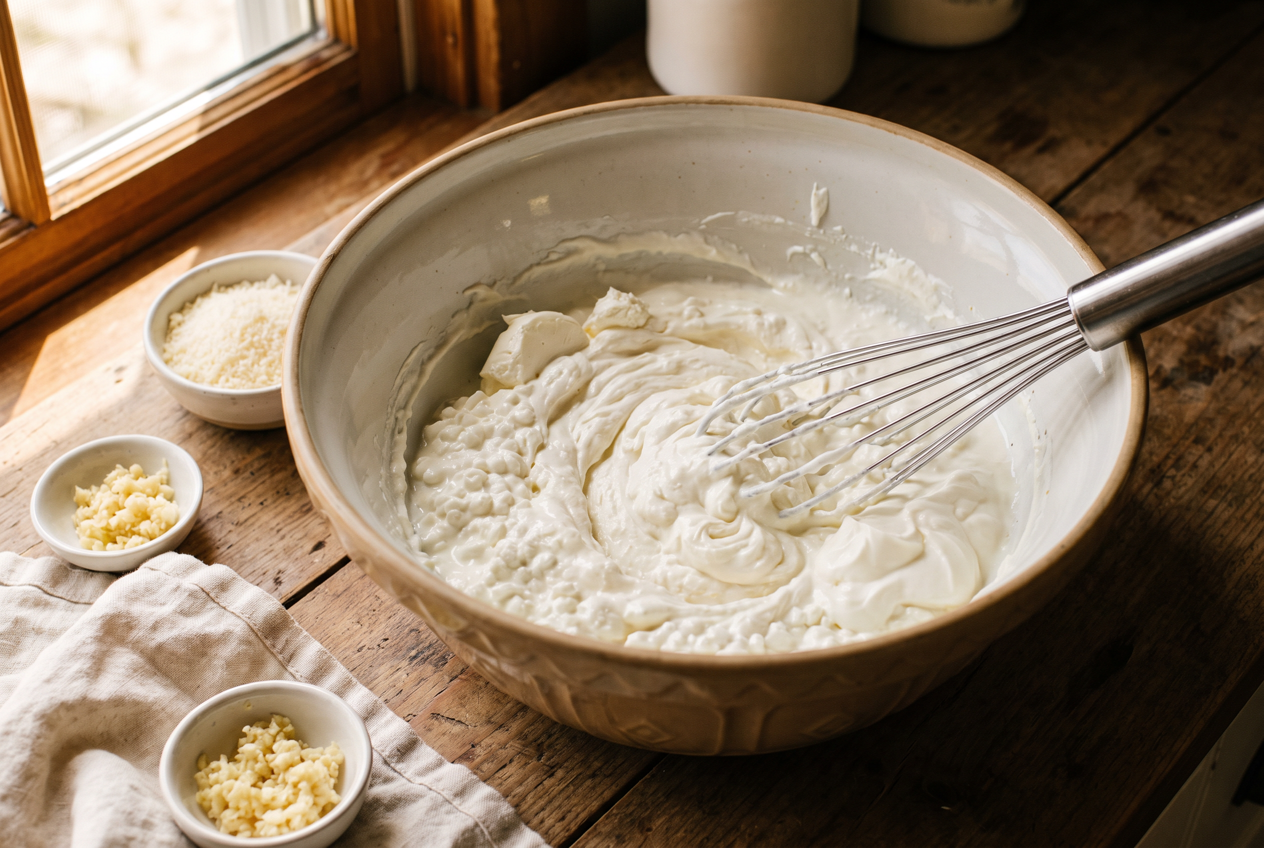 Cream cheese, cottage cheese and sour cream being whisked smooth with parmesan and garlic in a mixing bowl