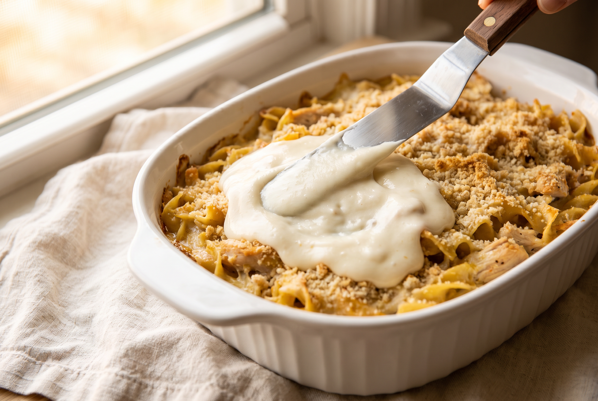 A creamy cottage cheese layer being spread over a chicken and noodle casserole with an offset spatula