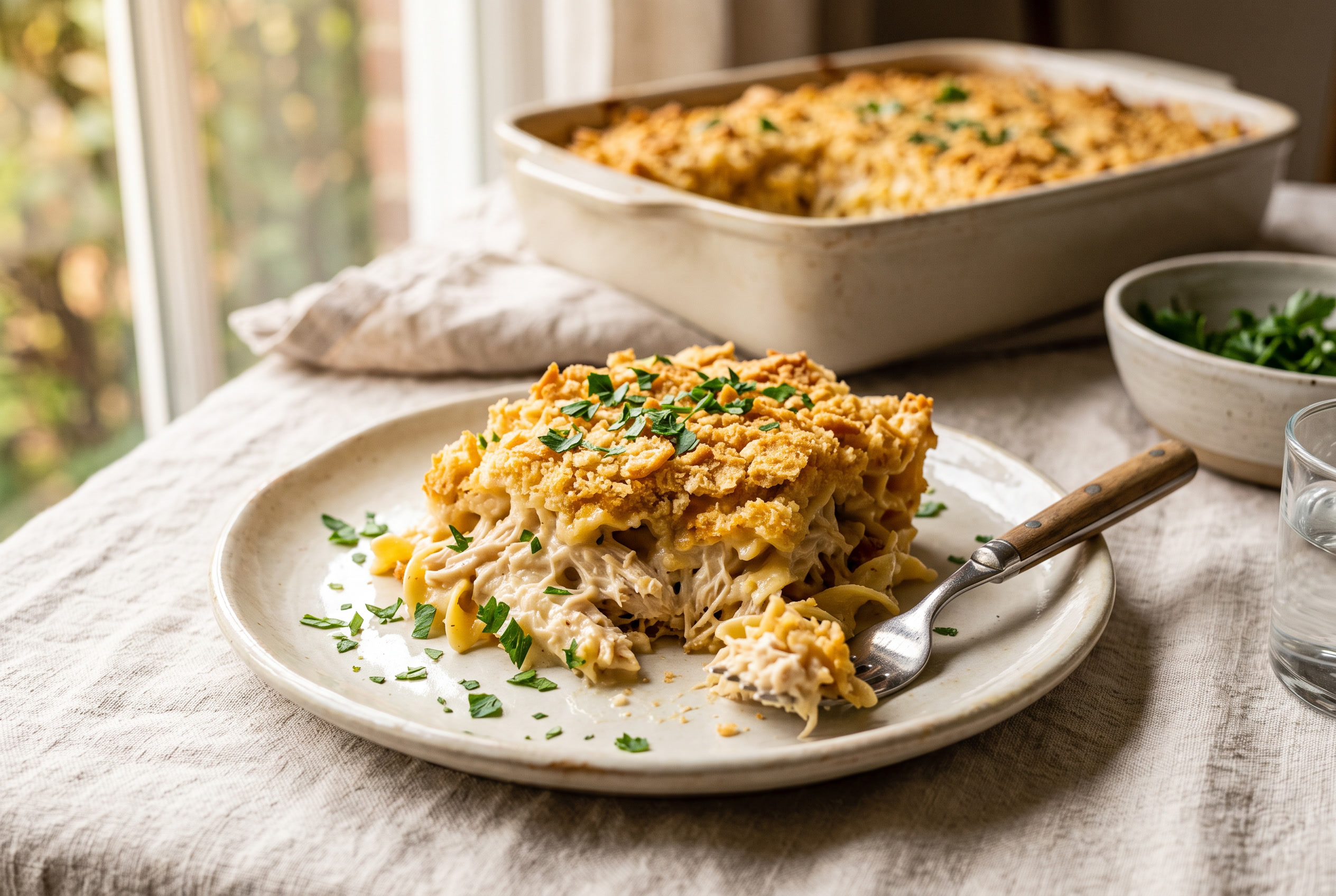 A serving of million dollar chicken casserole plated with creamy chicken and noodles under a golden cracker crust and fresh parsley