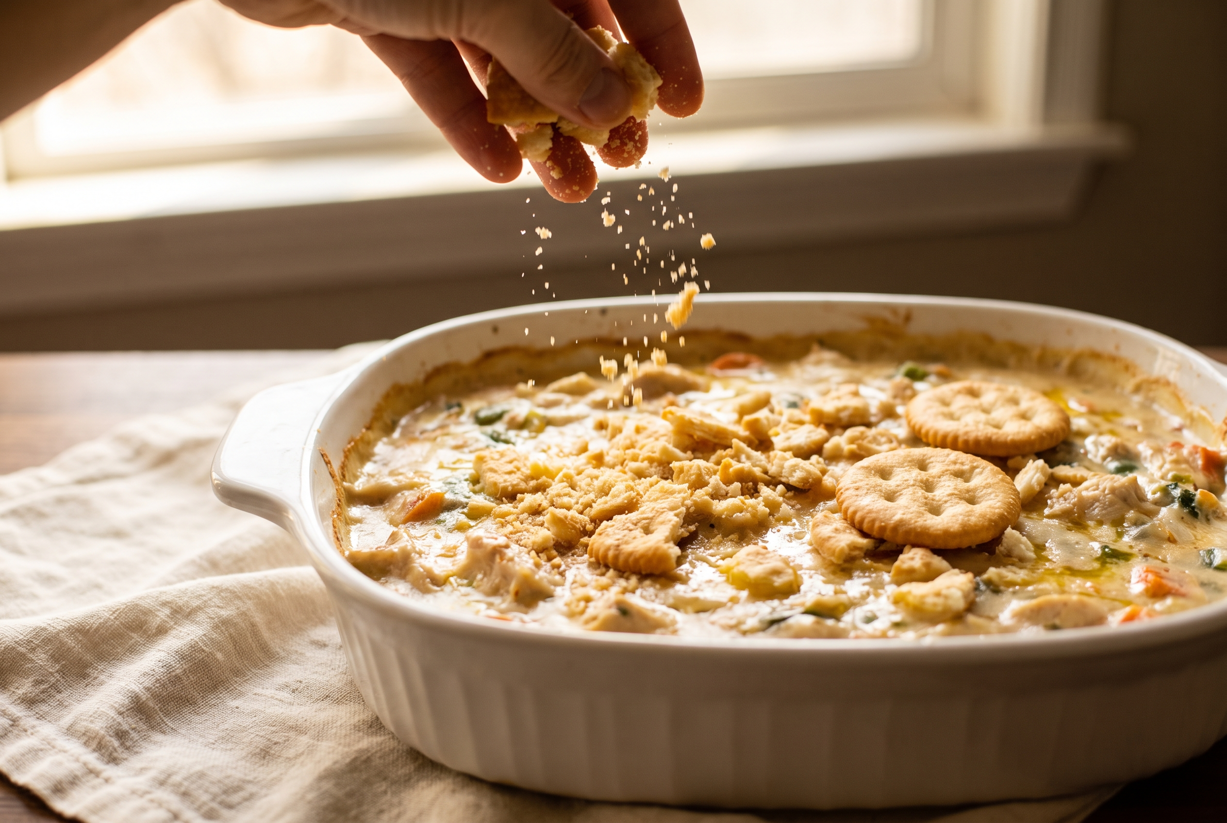 Crushed buttery crackers tossed with melted butter being scattered over a creamy chicken casserole before baking