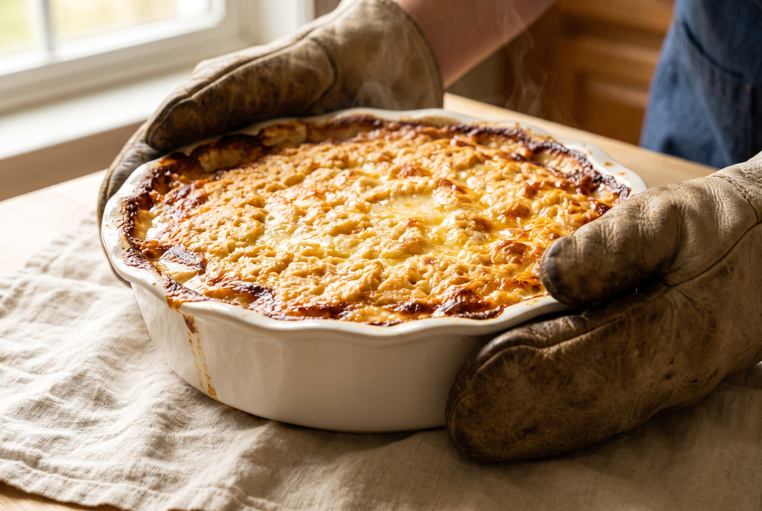 Million dollar chicken casserole fresh out of the oven with a deeply golden bubbling buttery cracker topping