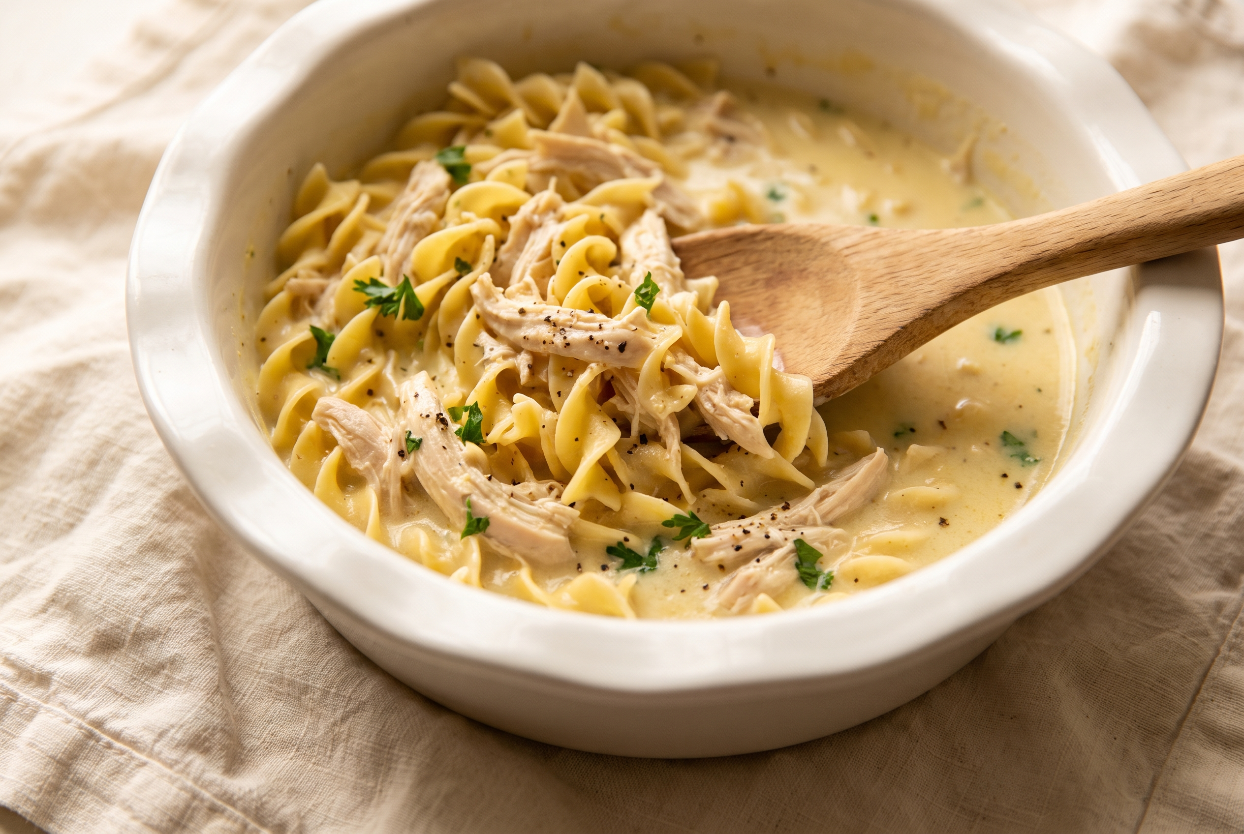 Egg noodles and shredded chicken being folded with creamy soup mixture in a white baking dish