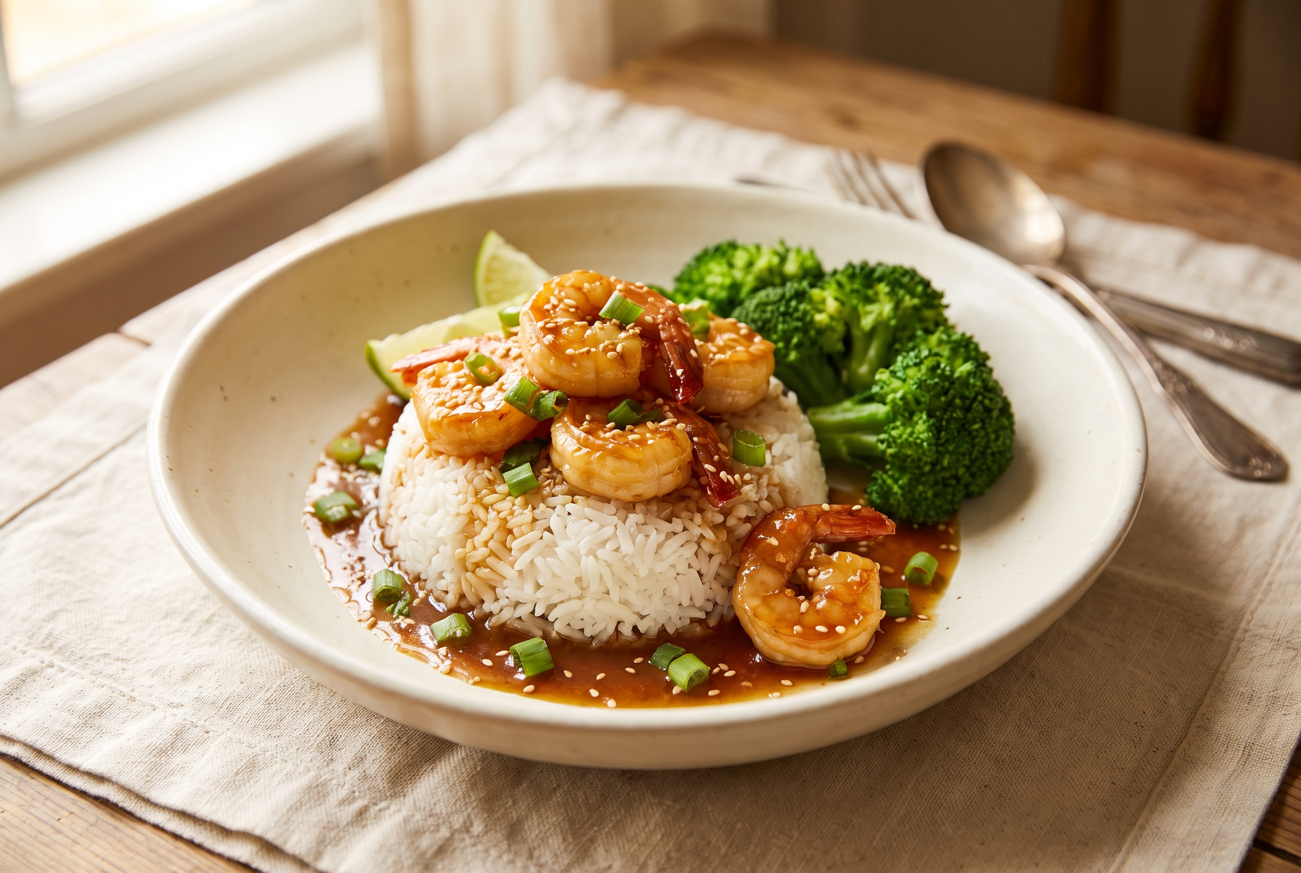 Honey garlic shrimp plated over fluffy jasmine rice with steamed broccoli, scallions, sesame seeds and a lime wedge
