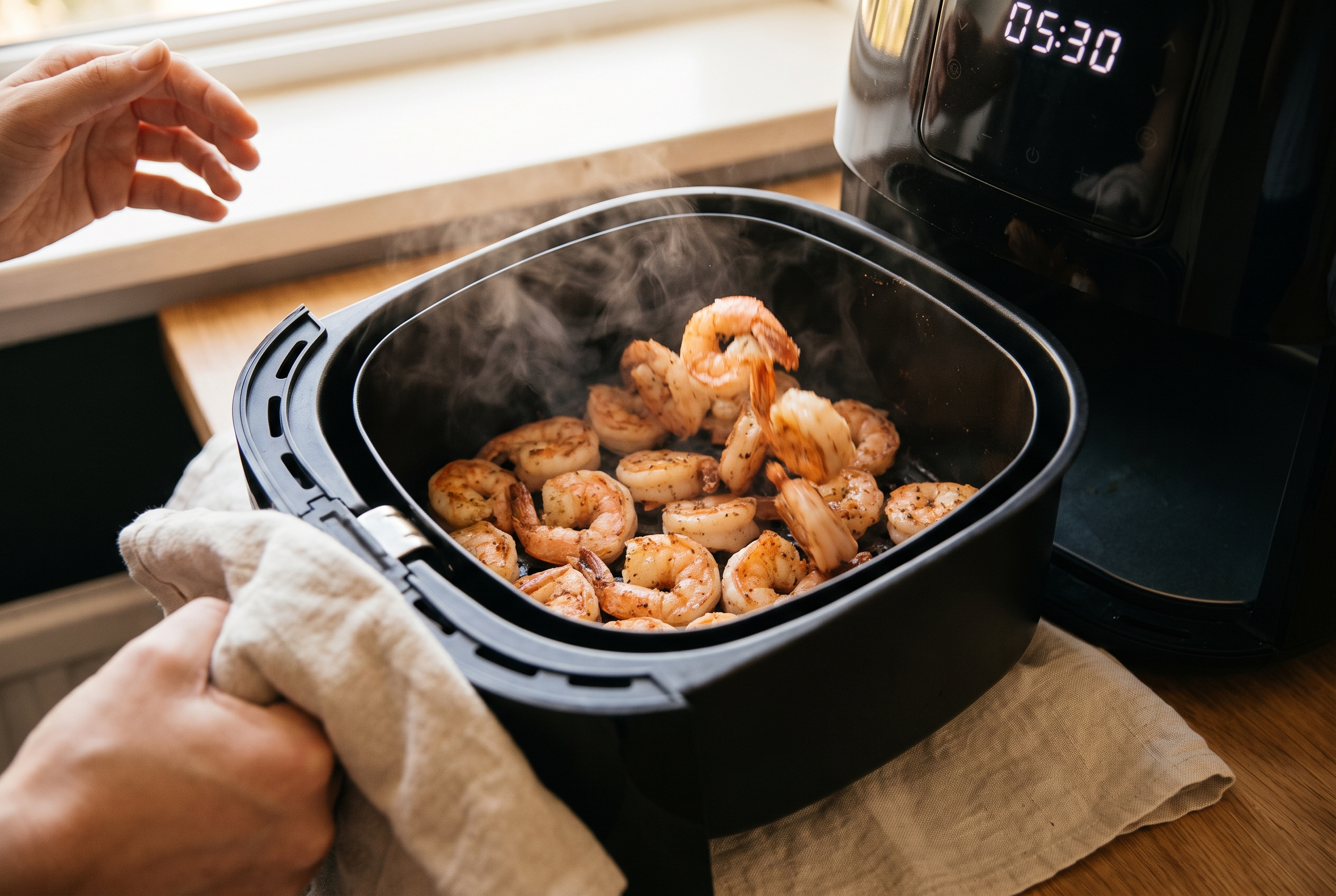 Cooked pink shrimp being shaken in an air fryer basket halfway through cooking with lightly golden edges