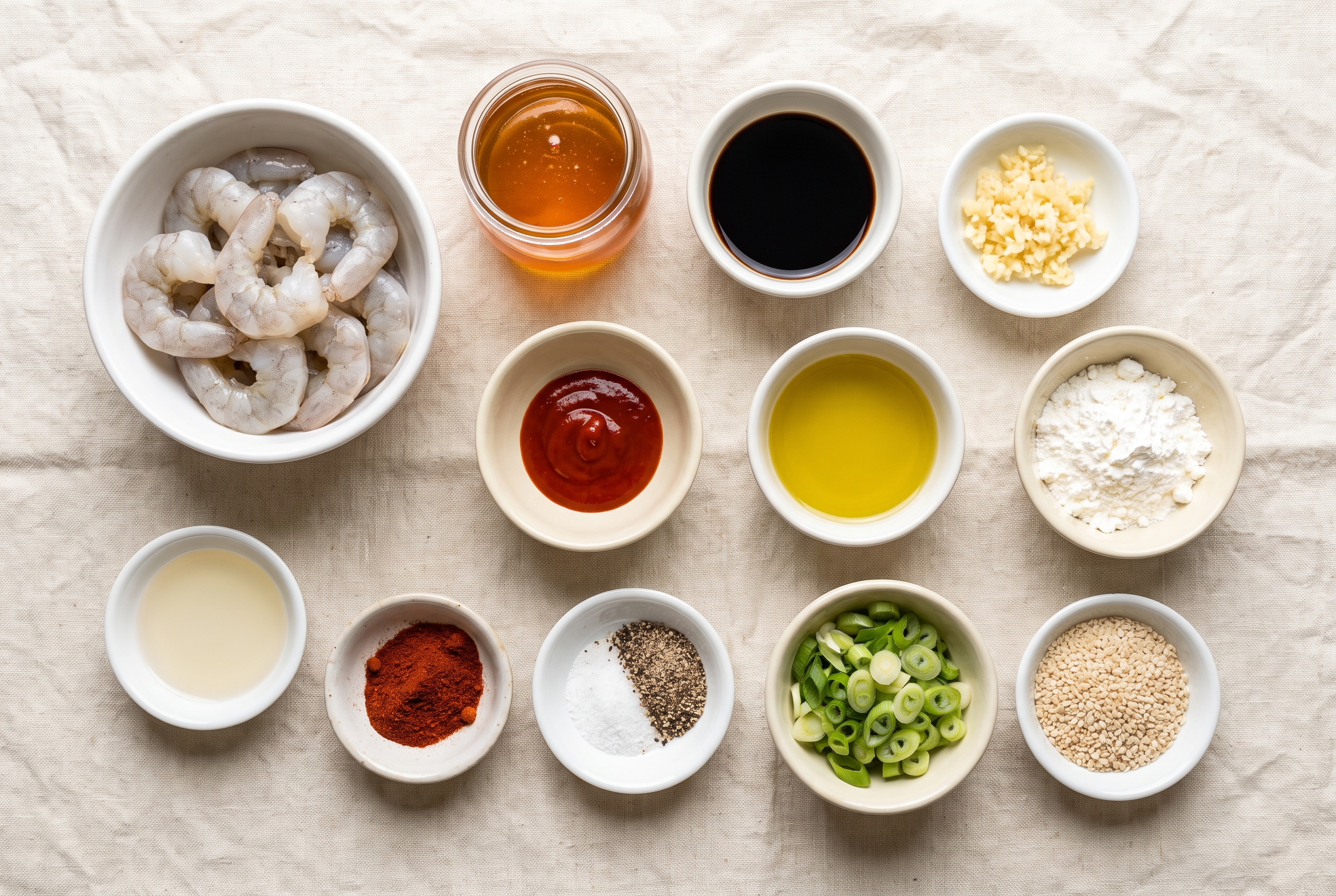 Ingredients for air fryer honey garlic shrimp portioned into small bowls - raw shrimp, honey, soy sauce, minced garlic, rice vinegar, sriracha, olive oil, cornstarch, smoked paprika, scallions and sesame seeds