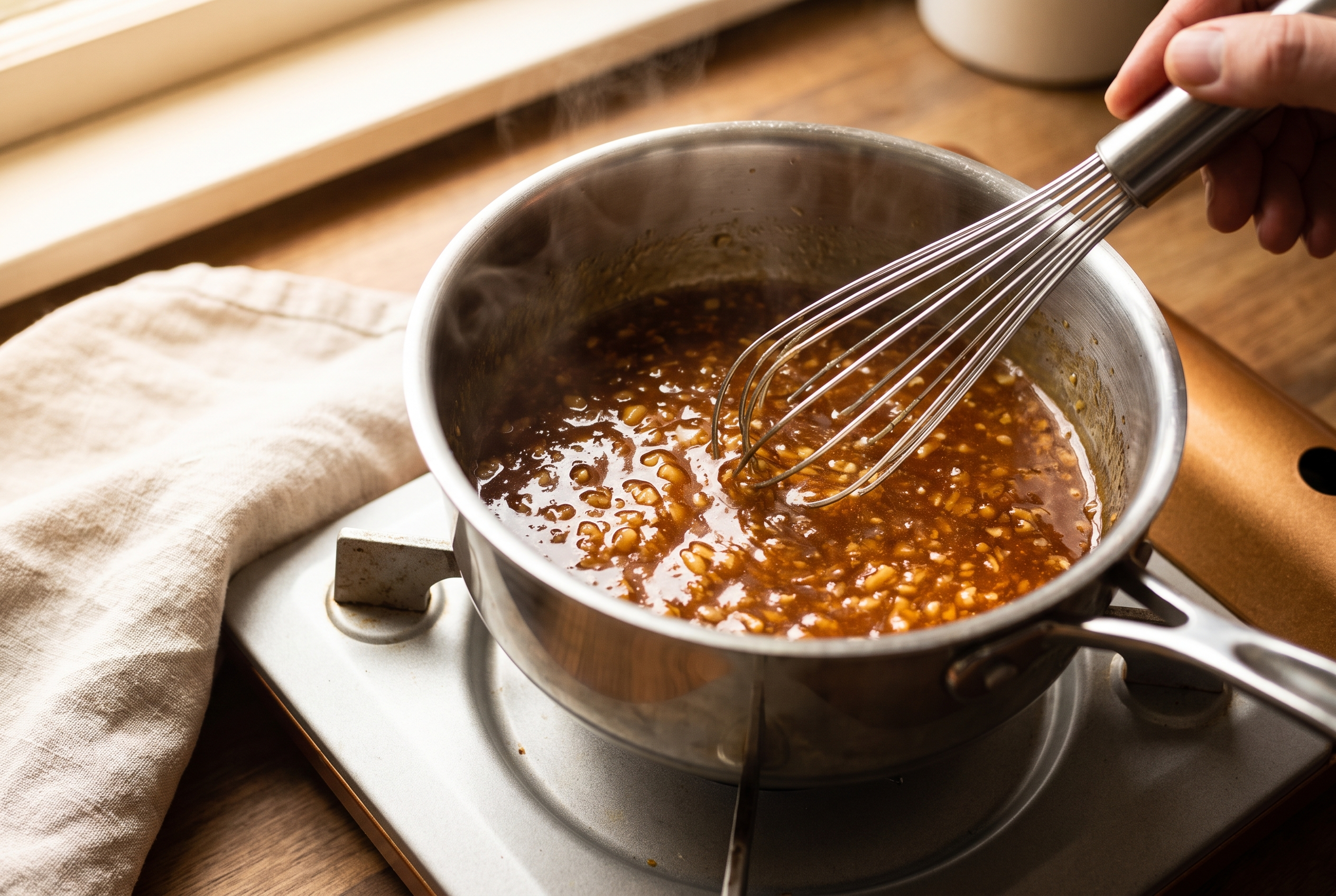 Honey garlic sauce simmering and thickening in a small saucepan with minced garlic being whisked