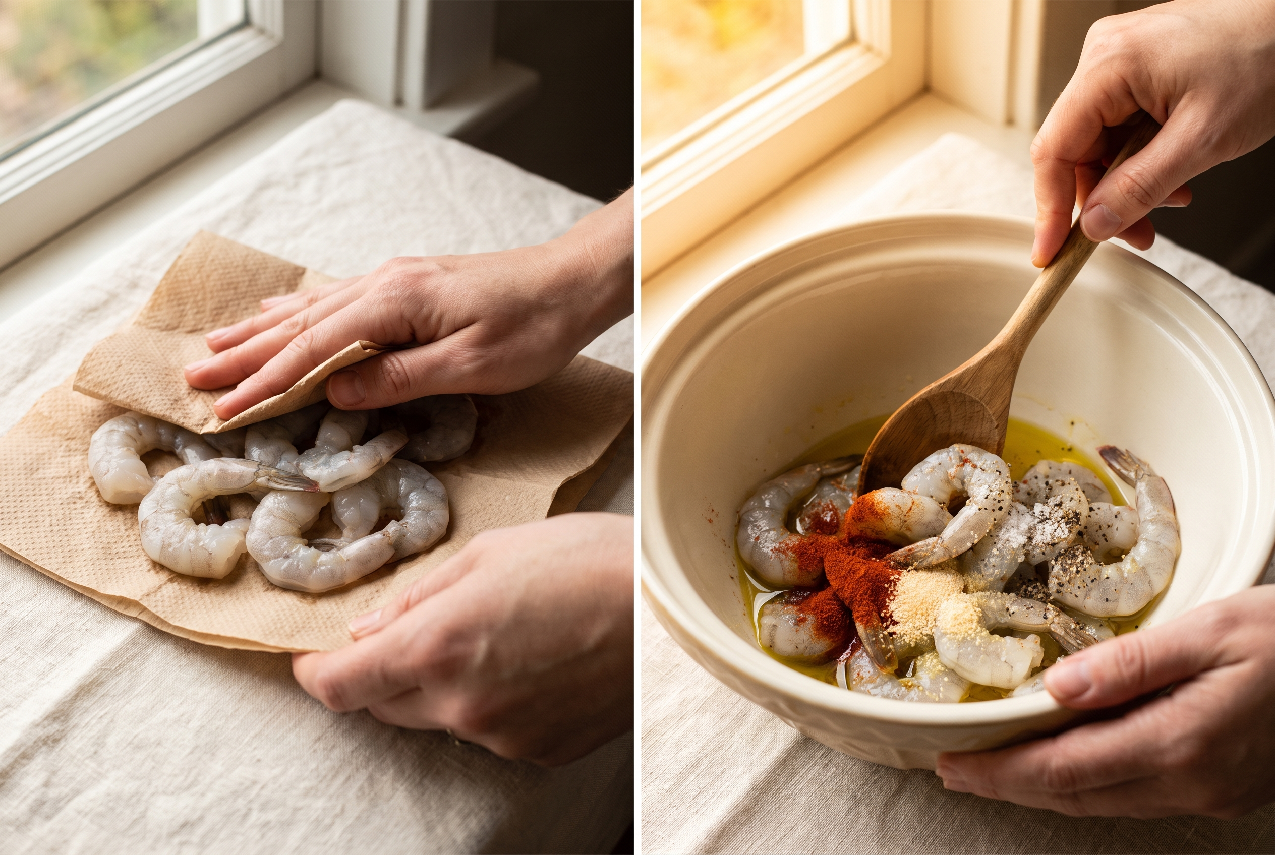 Raw shrimp being patted dry and tossed with olive oil, smoked paprika and seasoning in a cream bowl for air fryer honey garlic shrimp