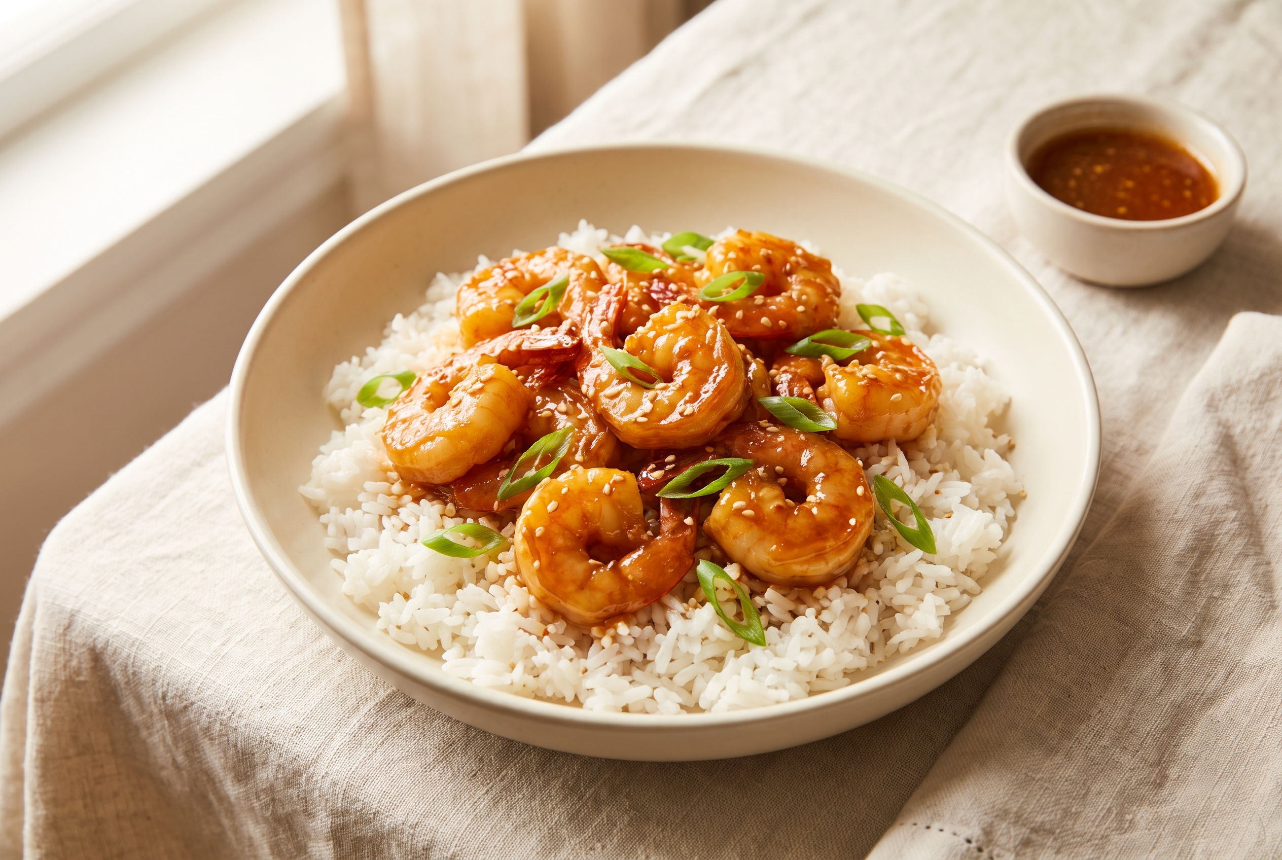 Air fryer honey garlic shrimp - plump shrimp in a sticky amber honey garlic glaze over jasmine rice with scallions and sesame seeds, an easy 20-minute high protein dinner