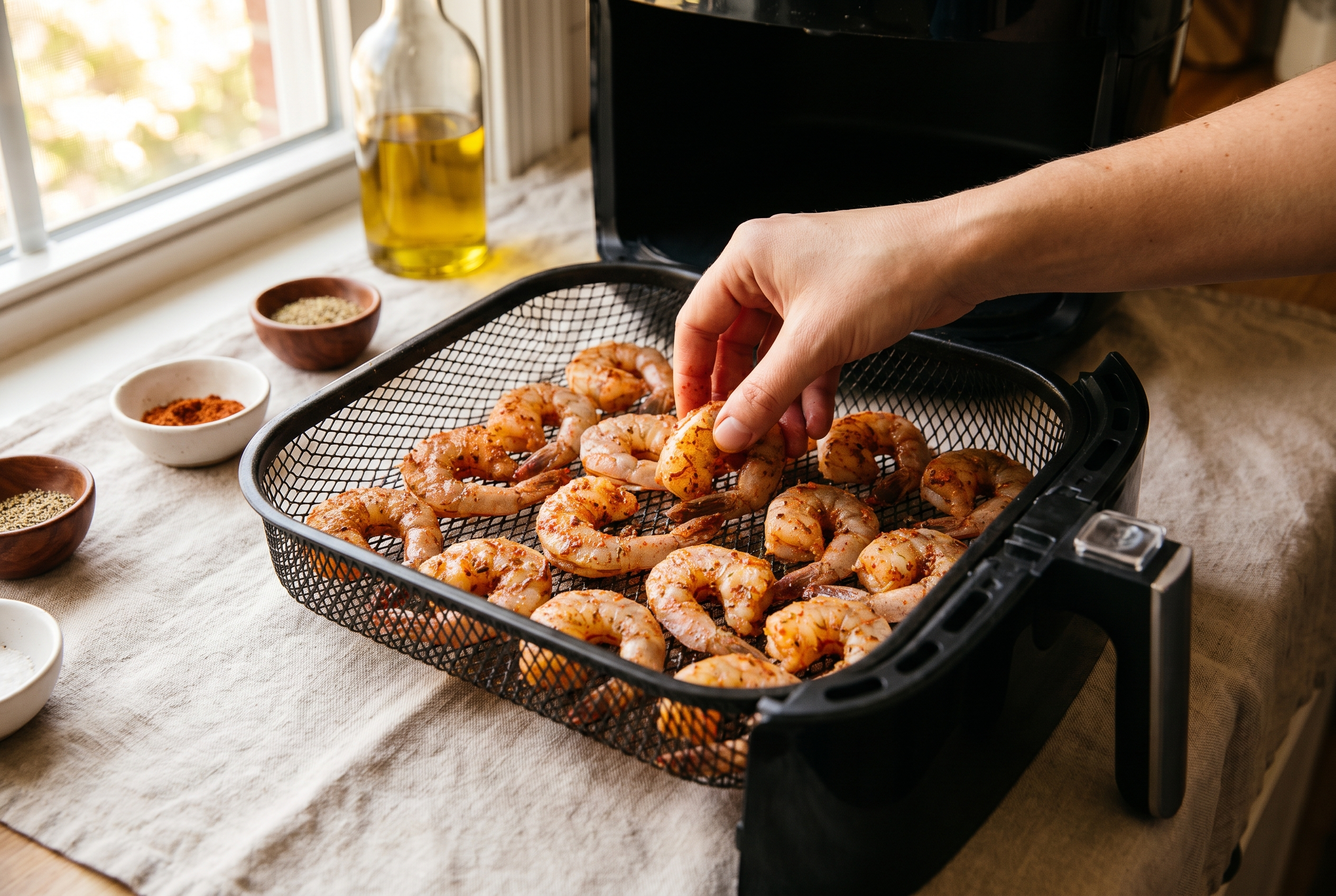 Seasoned raw shrimp arranged in a single even layer in an air fryer basket, not overlapping