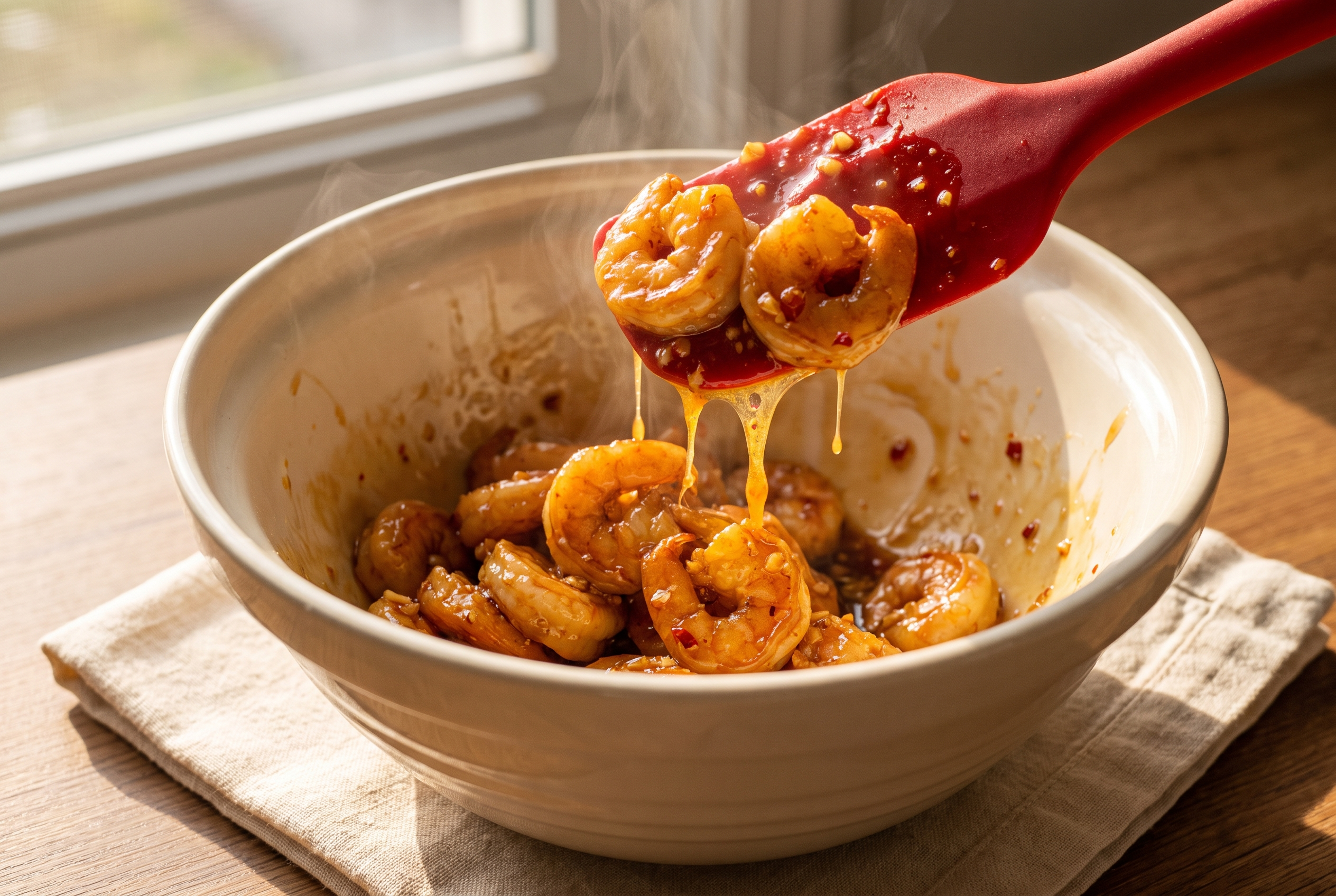 Hot air fried shrimp being tossed in sticky amber honey garlic glaze in a large mixing bowl with a spatula