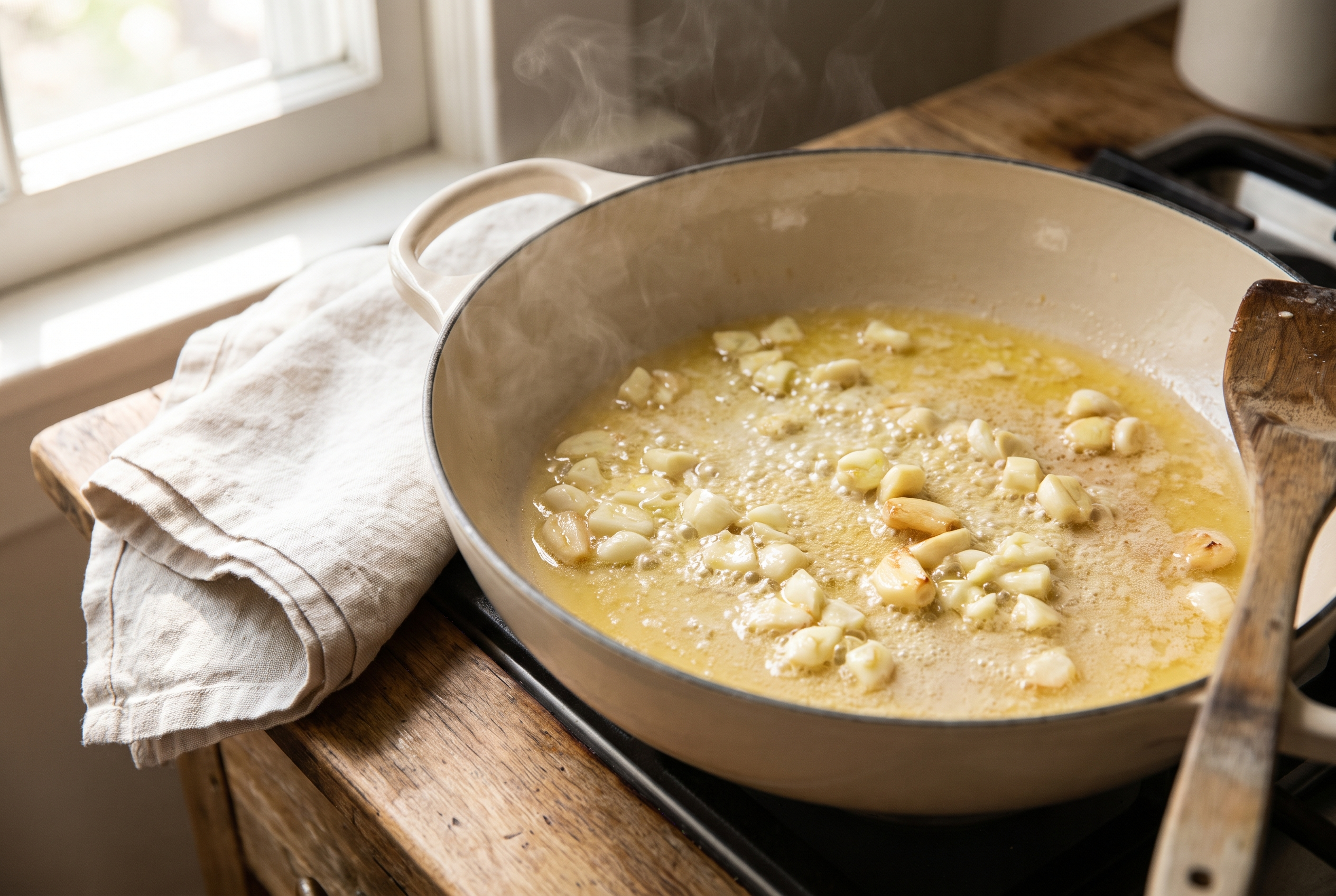 Minced garlic sizzling gently in melted butter in a large skillet for cottage cheese alfredo sauce