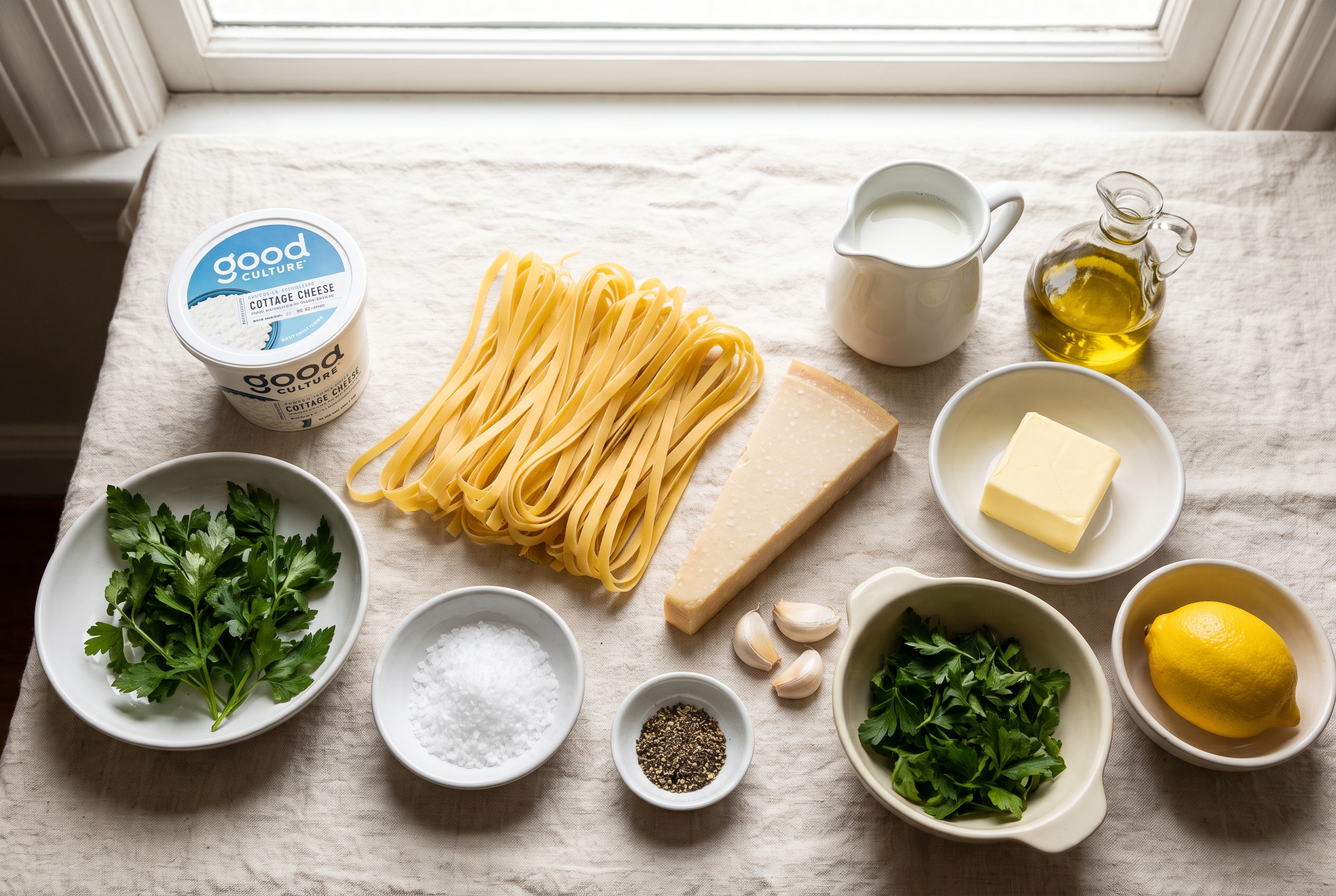 Ingredients for cottage cheese alfredo pasta in small bowls - full-fat cottage cheese, fettuccine, parmesan wedge, garlic, butter, milk, black pepper, parsley and lemon