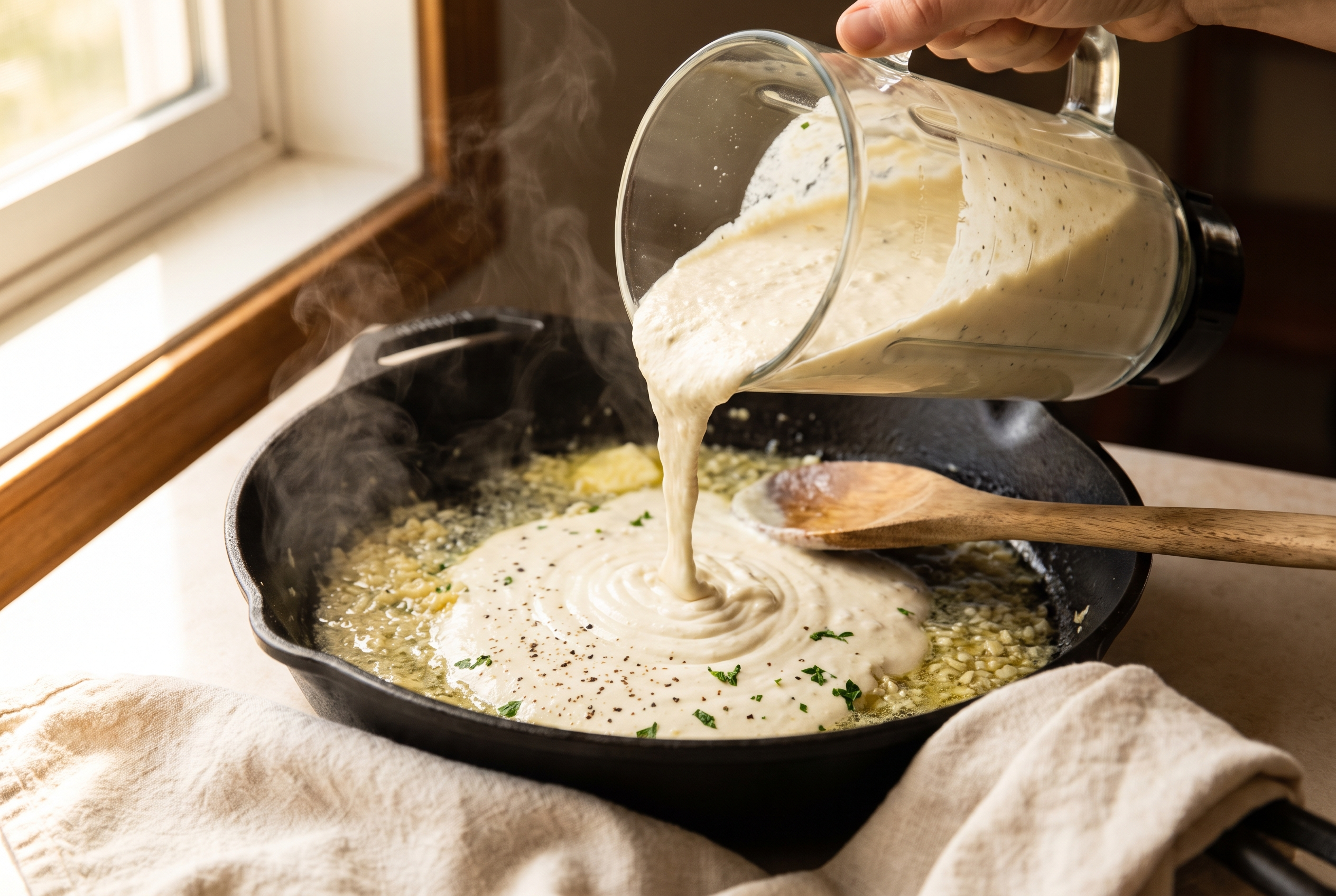 Silky blended cottage cheese alfredo sauce being poured from a blender into a buttery garlic skillet