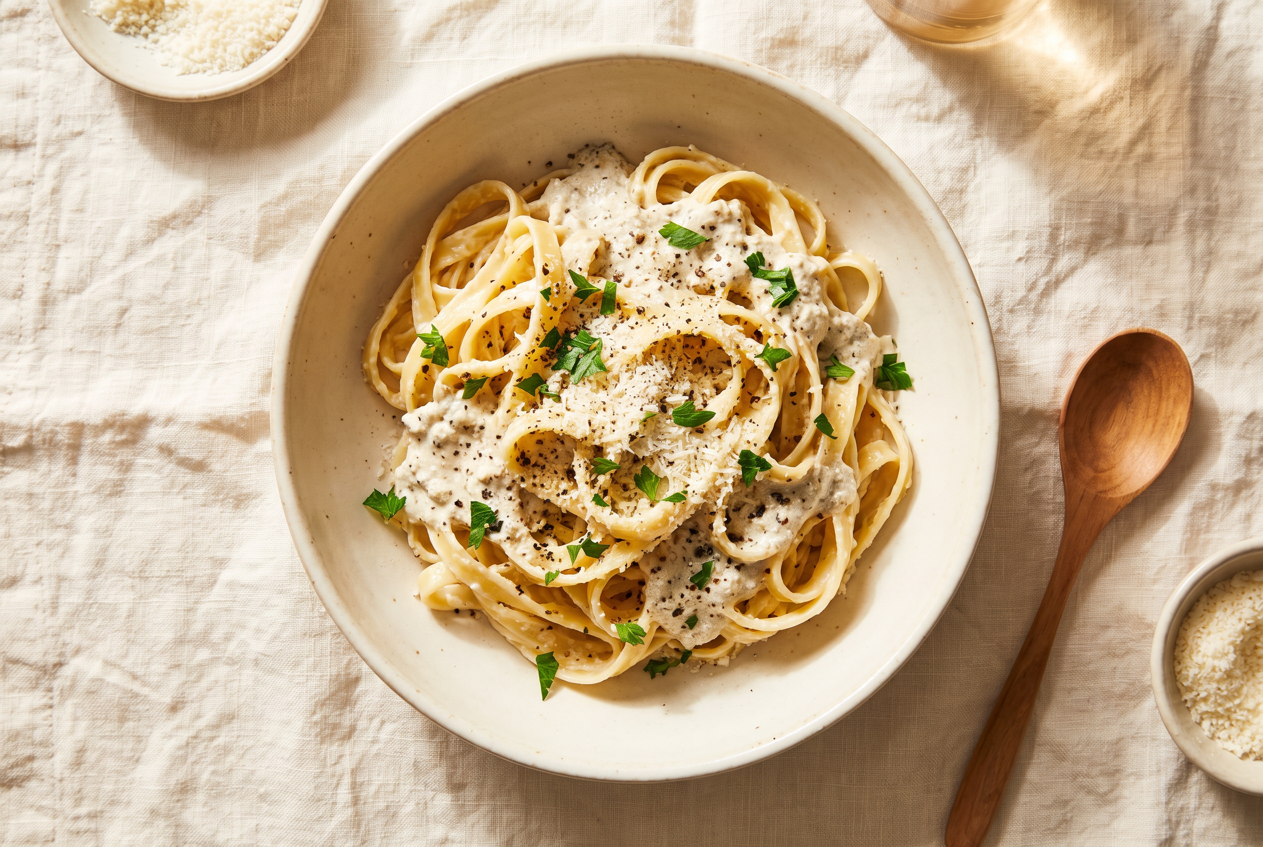 Cottage cheese alfredo pasta - fettuccine coated in a silky high protein cottage cheese sauce with grated parmesan and cracked black pepper in a cream bowl