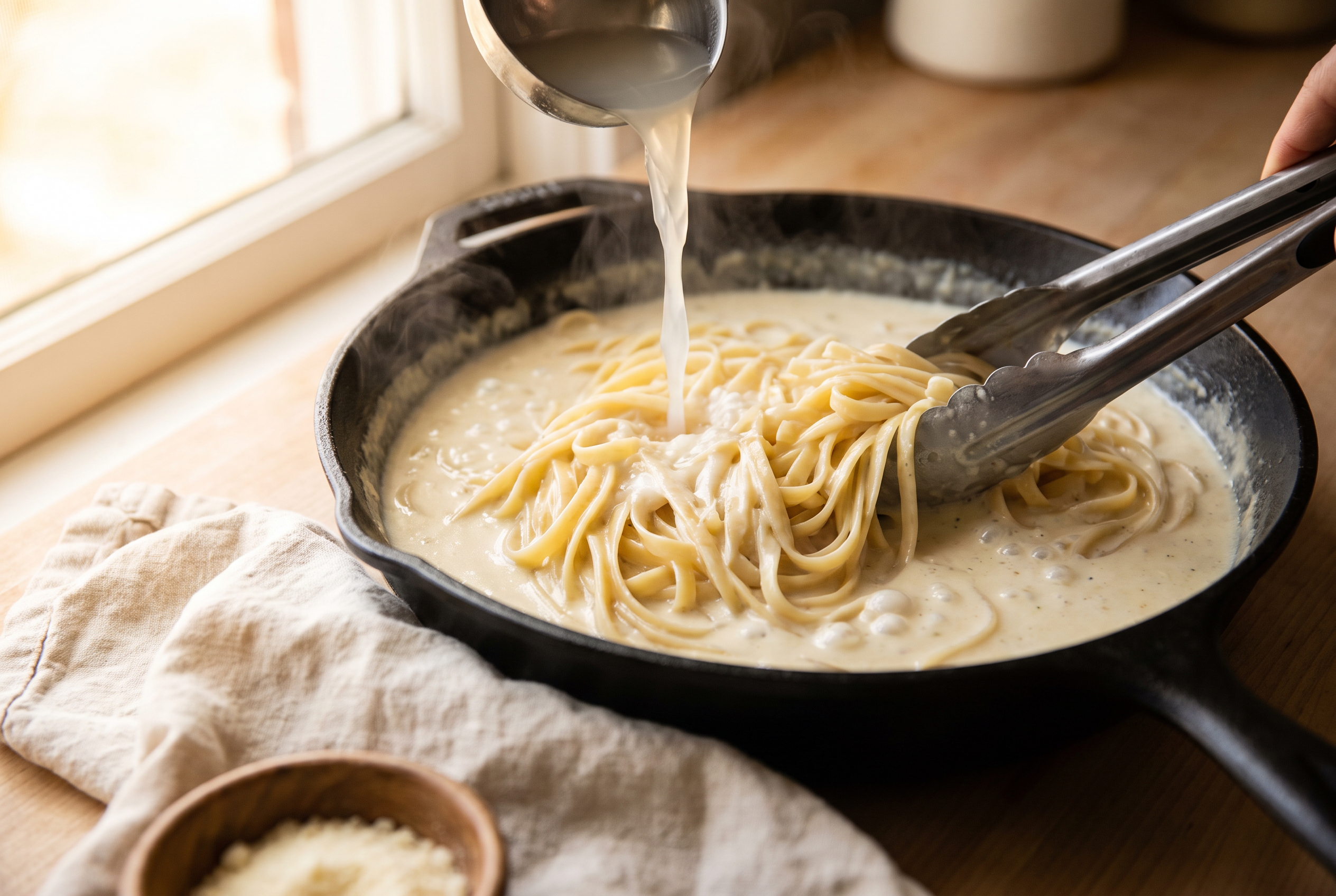 Drained fettuccine being tossed with tongs into creamy cottage cheese alfredo sauce with a splash of starchy pasta water