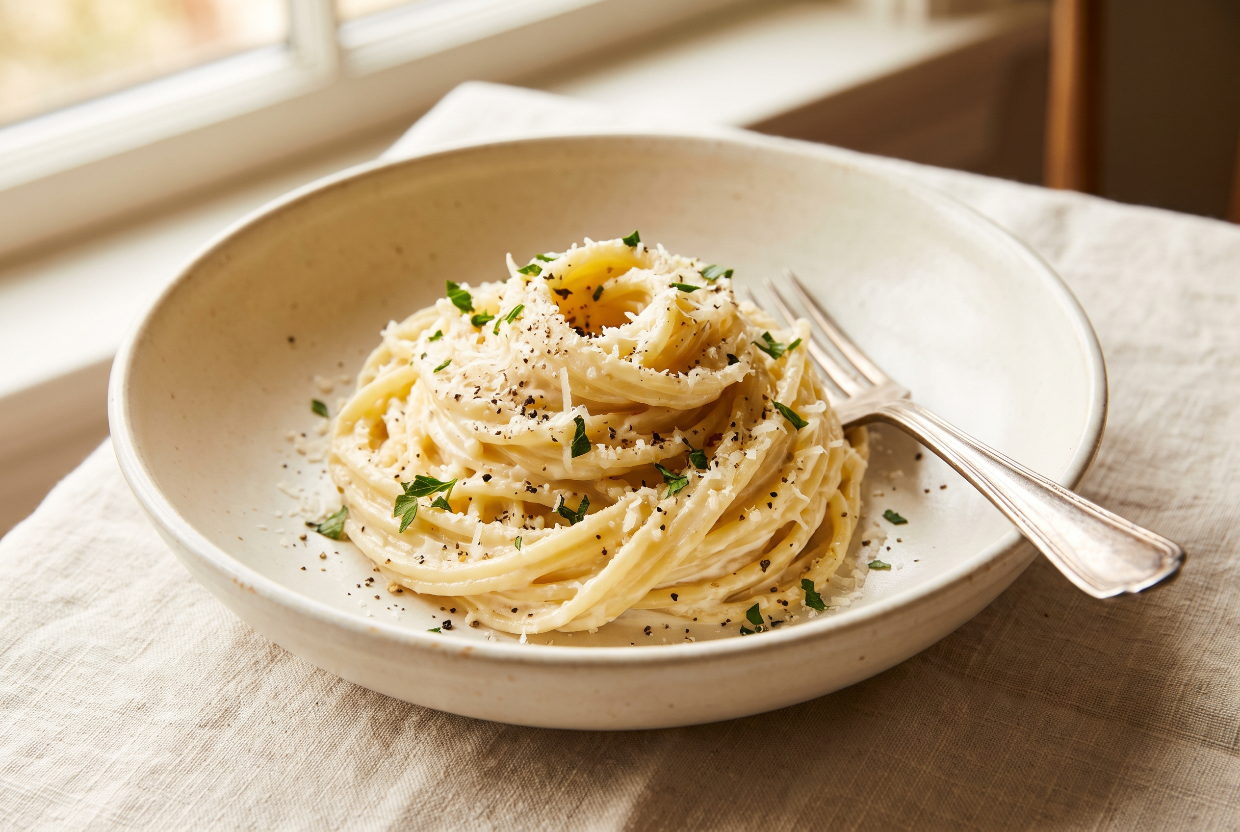 Cottage cheese alfredo pasta twirled into a nest in a cream bowl topped with grated parmesan, cracked black pepper and chopped parsley