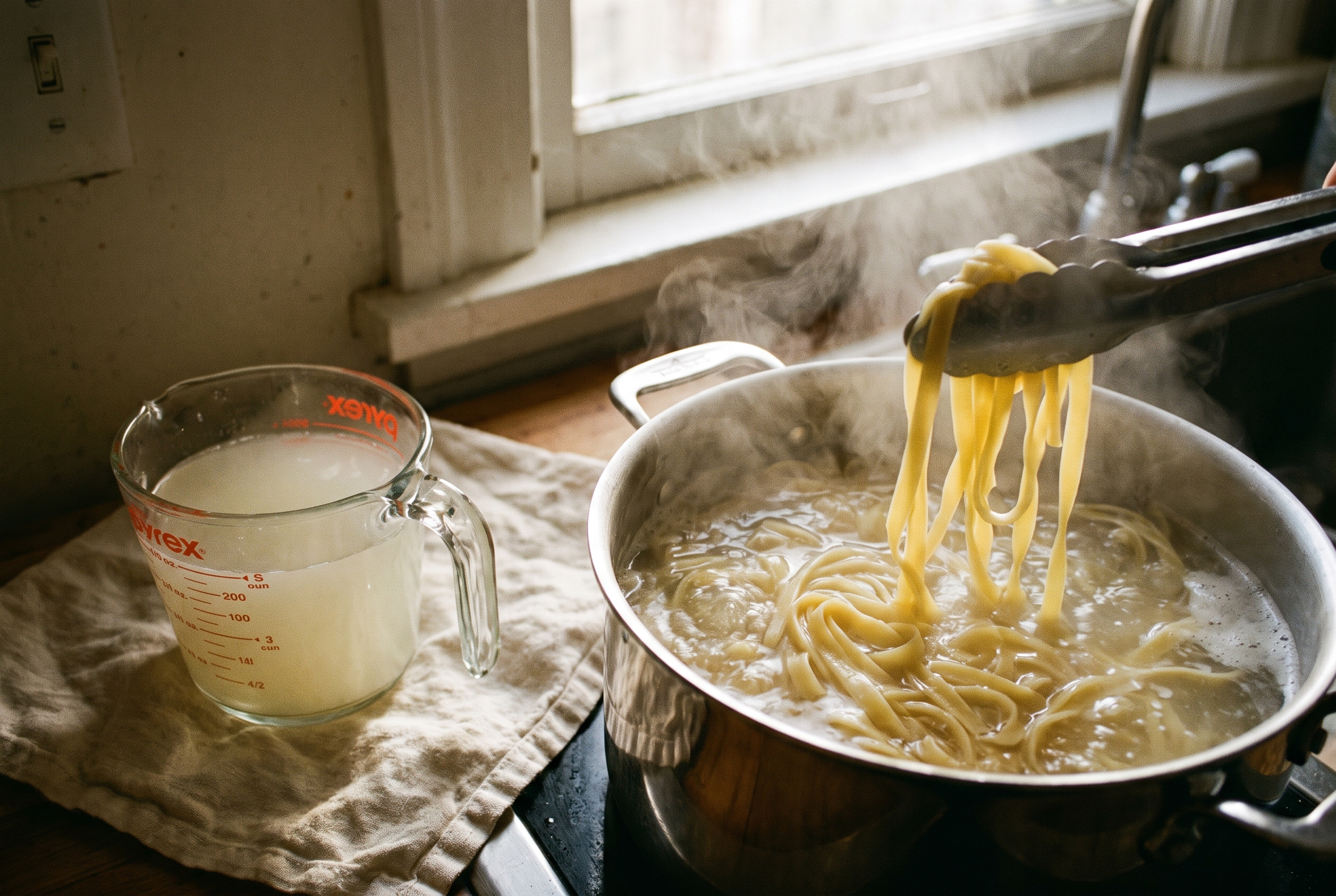Fettuccine cooking in salted boiling water with tongs lifting a strand and reserved starchy pasta water beside the pot