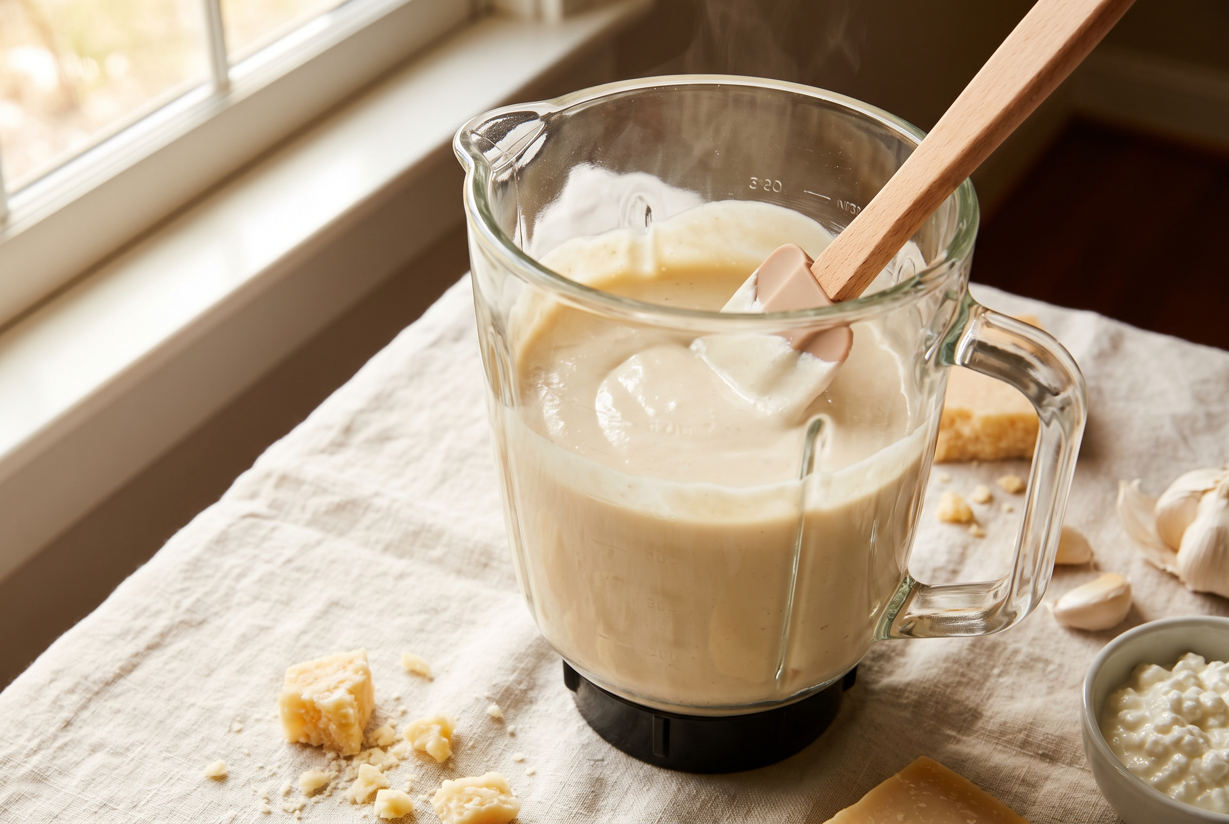 Cottage cheese, parmesan and garlic blended into a completely smooth silky high protein alfredo sauce in a blender jar