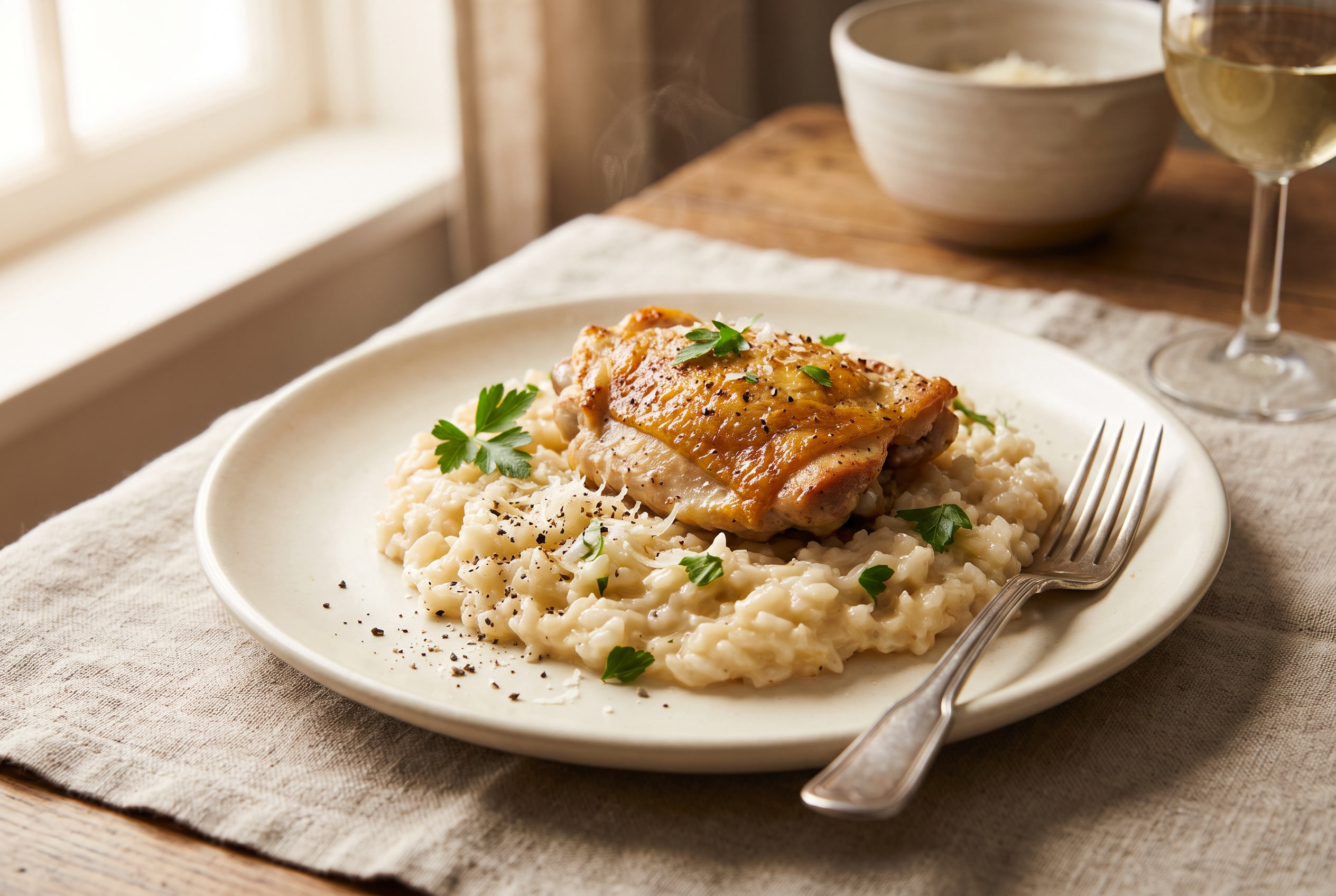 A plated serving of creamy chicken and rice — a golden chicken thigh over parmesan rice with parsley and cracked pepper on a cream plate