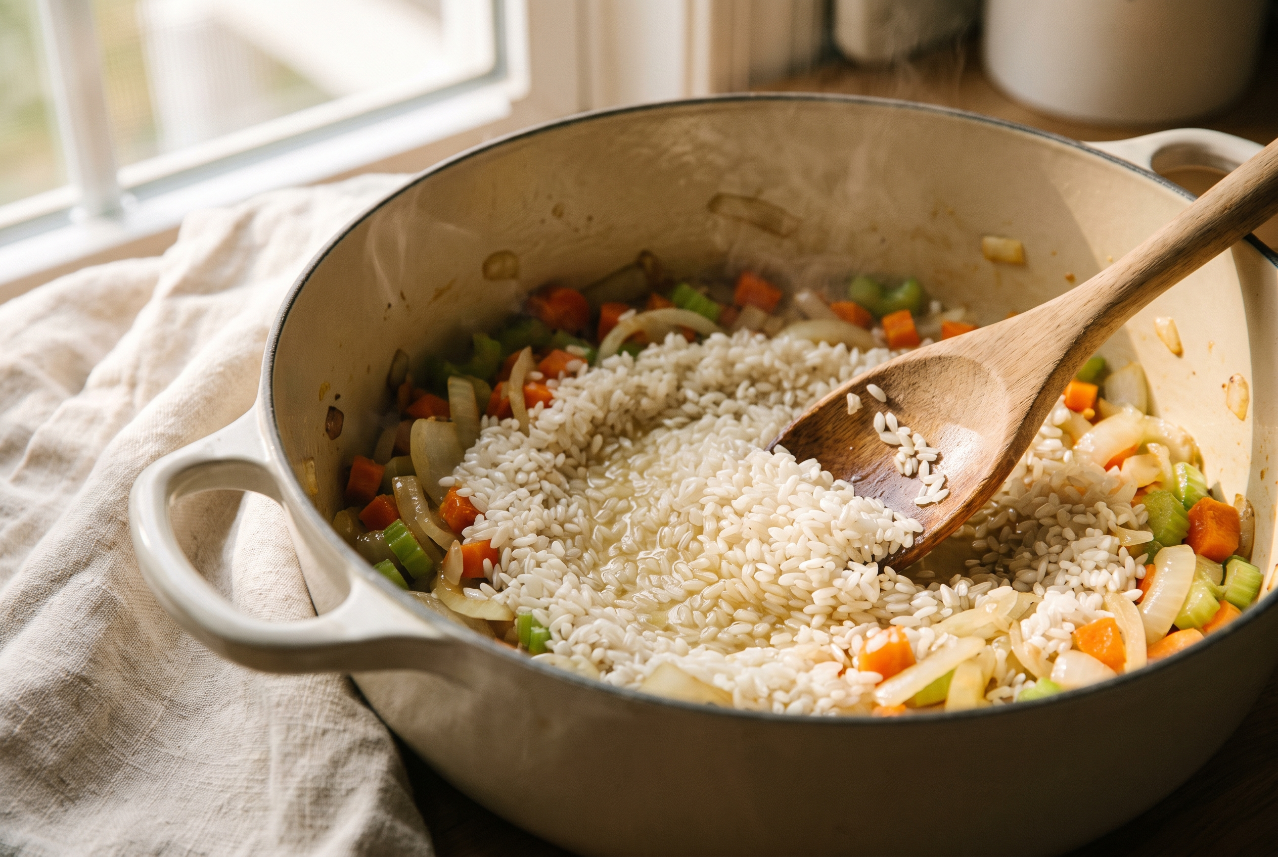Long grain white rice being toasted and stirred into buttery onion and celery in a Dutch oven for one pot chicken and rice