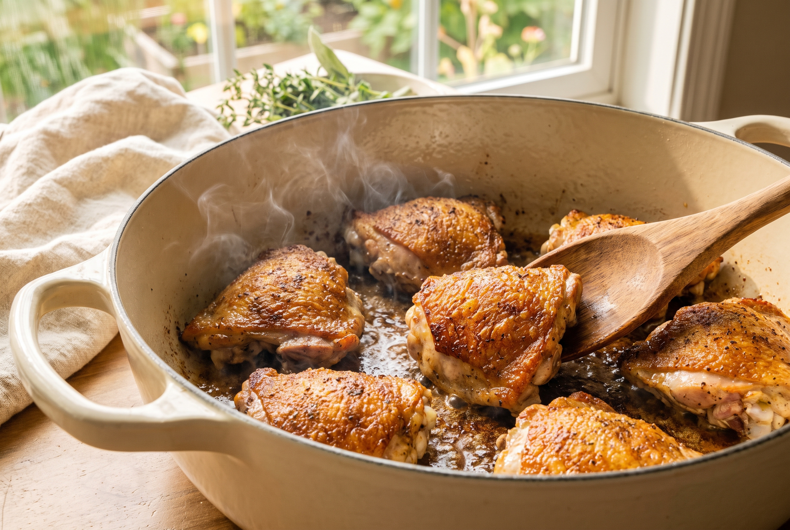 Seasoned chicken thighs searing skin-side down in a Dutch oven with a deep golden crust forming for one pot creamy chicken and rice