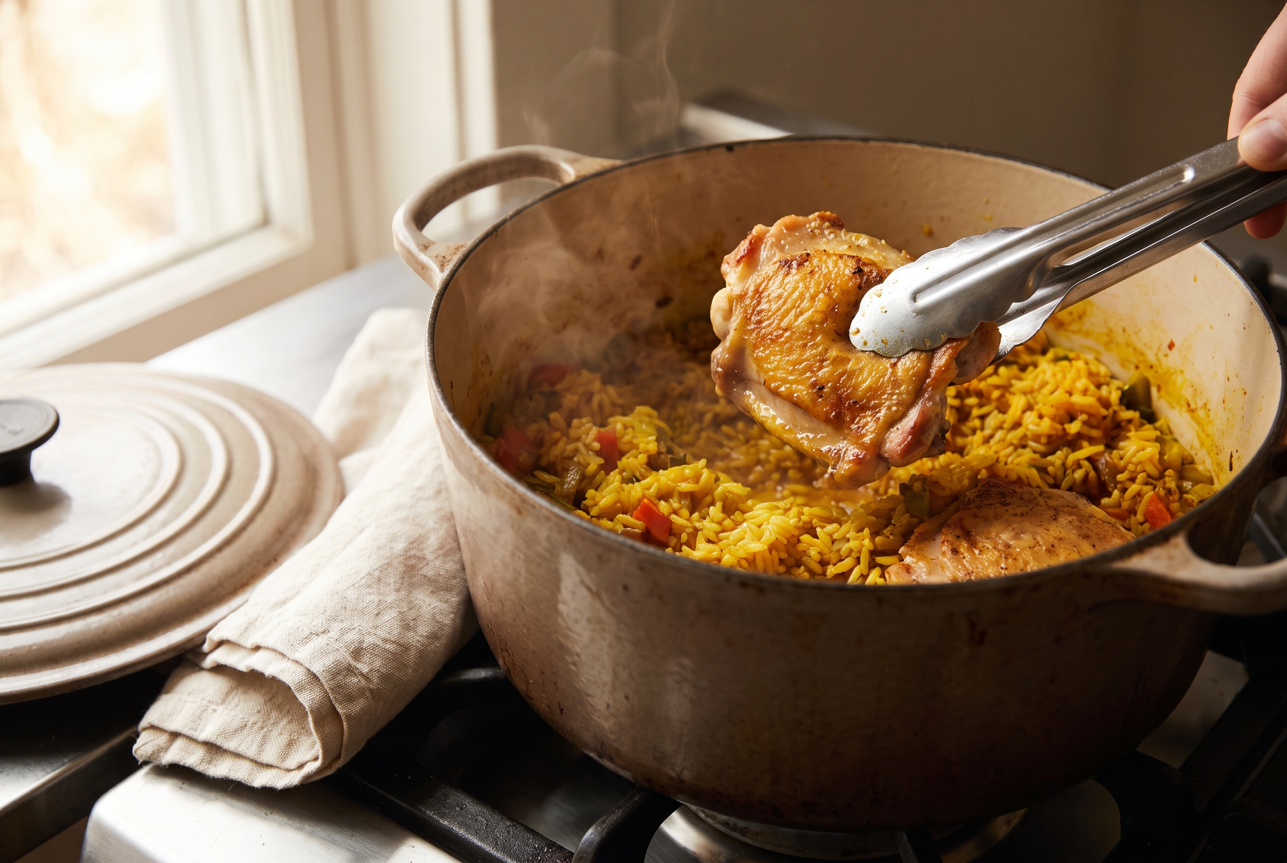 Seared chicken thighs being nestled back on top of simmering rice in a Dutch oven with tongs before covering
